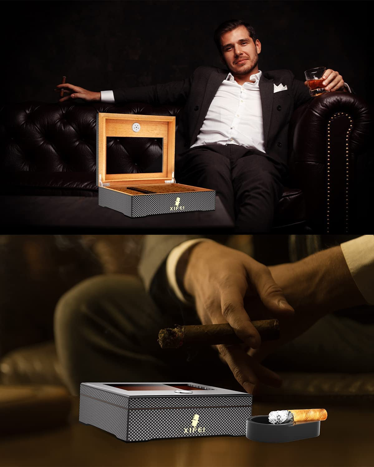 Cigar Humidor, Glass Top Carbon Fiber Texture Top Inlay Hygrometer,Including Cigar Humidifier, Acrylic Cigar Stand,Cigar Ashtray and Humidor Solution, Holds 25-60 Cigars (9IN*7.5 * 2.8)
