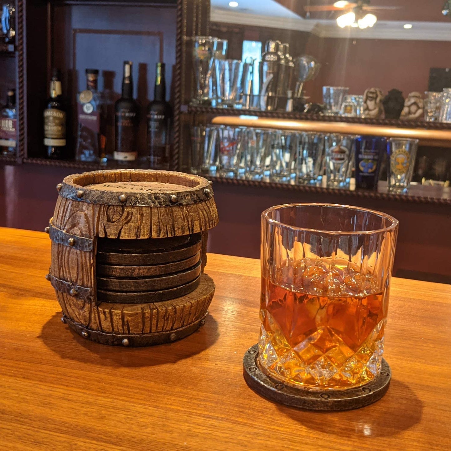 5Pc Whiskey Bourbon Barrel Drink Coasters, Unique Bar Decor & Accessories, Beer & Whiskey Glass Coaster - Home Decorations for Dining Room or Home Bar - Modern Coaster Set with Holder for Man Cave