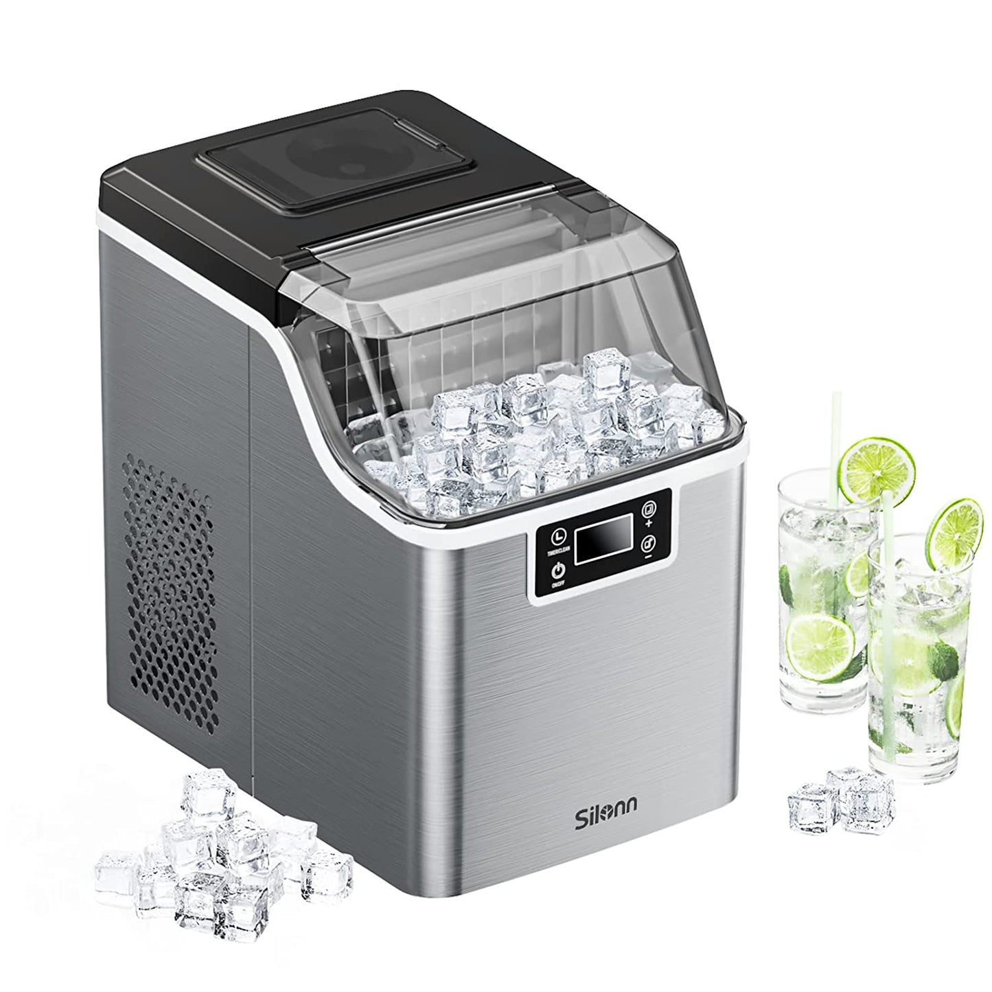 Countertop Ice Maker, 45Lbs per Day, 24Pcs Ice Cubes in 13 Min, 2 Ways to Add Water, Auto Self-Cleaning, Stainless Steel Ice Machine for Home Office Bar Party