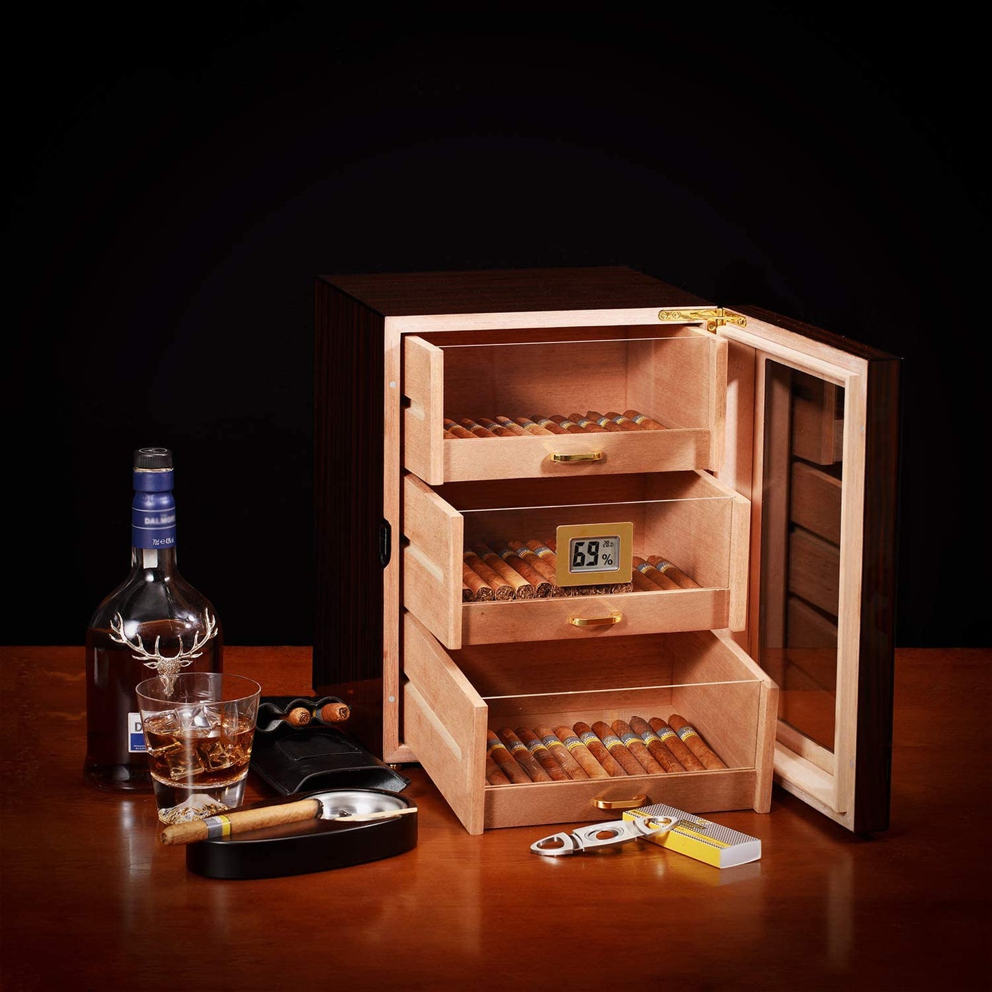 Cigar Humidor Cabinet with Digital Hygrometer for 100 to 150 Counts, Spanish Cedar Lined Cigar Box with 3 Large Drawers, 2 Crystal Gel Humidifiers, Glossy Ebony Finish, Great Gift for Father