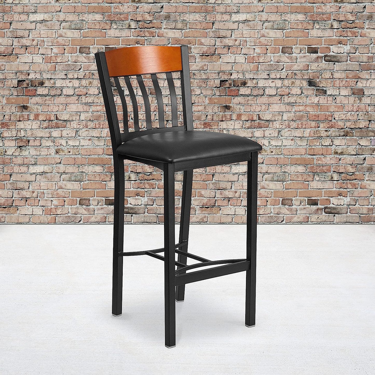 Vertical Back Metal & Cherry Wood Barstool with Vinyl Seat