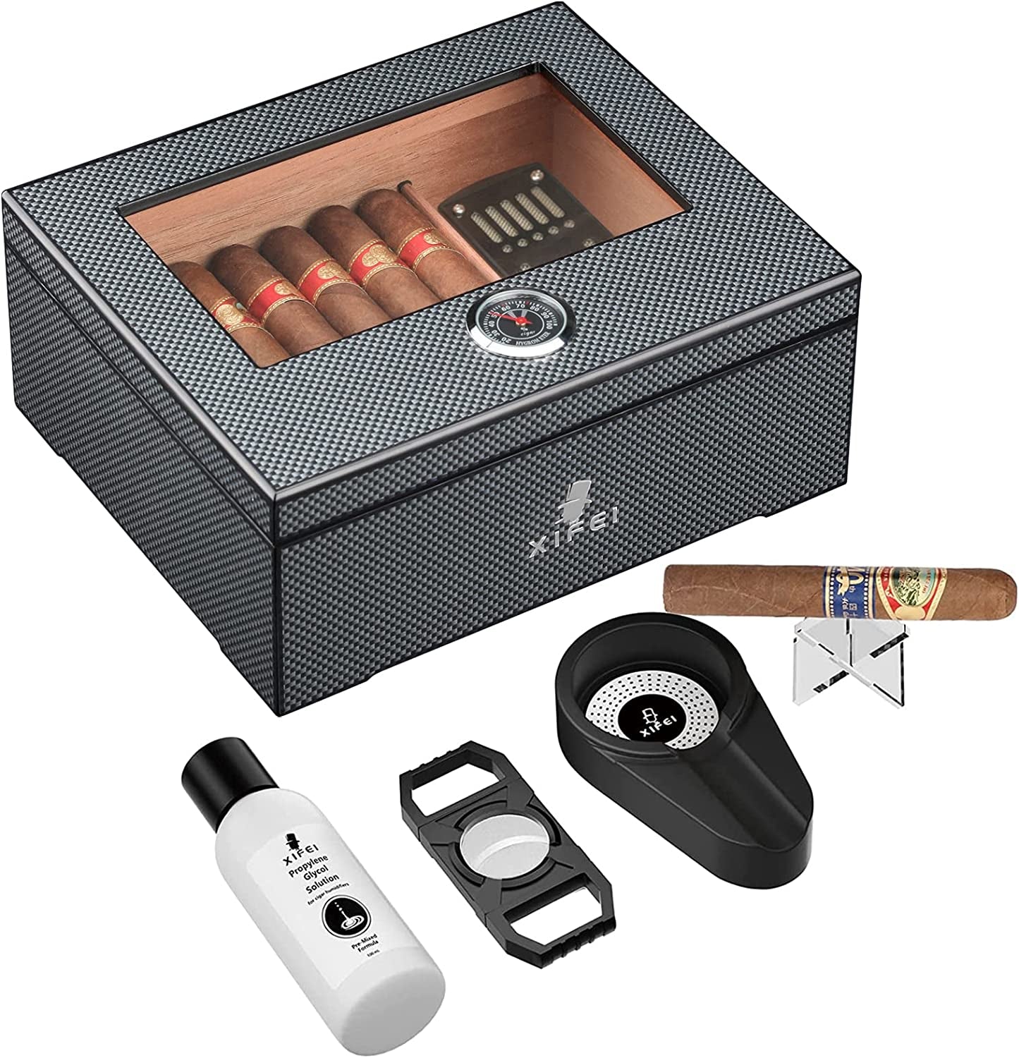 Cigar Humidor, Glass Top Carbon Fiber Texture Top Inlay Hygrometer,Including Cigar Humidifier, Acrylic Cigar Stand,Cigar Ashtray and Humidor Solution, Holds 25-60 Cigars (9IN*7.5 * 2.8)