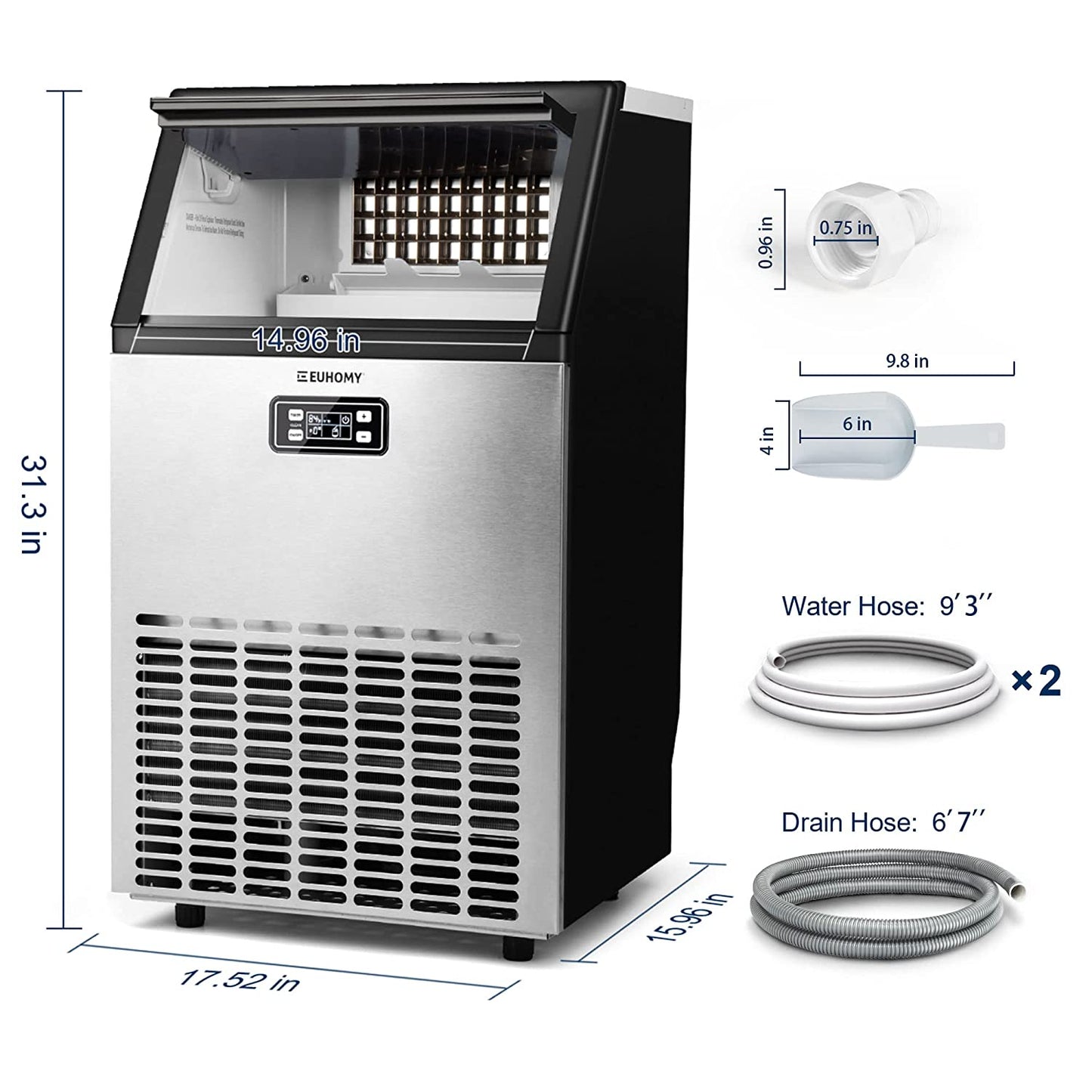 Euhomy Commercial Ice Maker Machine, 100Lbs/24H Stainless Steel under Counter Ice Machine with 33Lbs Ice Storage Capacity, Freestanding Ice Maker.