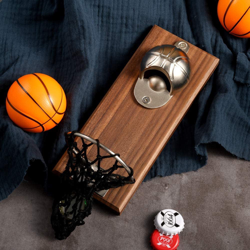 Magnetic Basketball Bottle Opener, Wooden Wall Mounted Opener with Cap Collector Catcher, Ideal Gift for Basketball and Beer Lovers, Use as Kitchen-Yard-Bar Decoration
