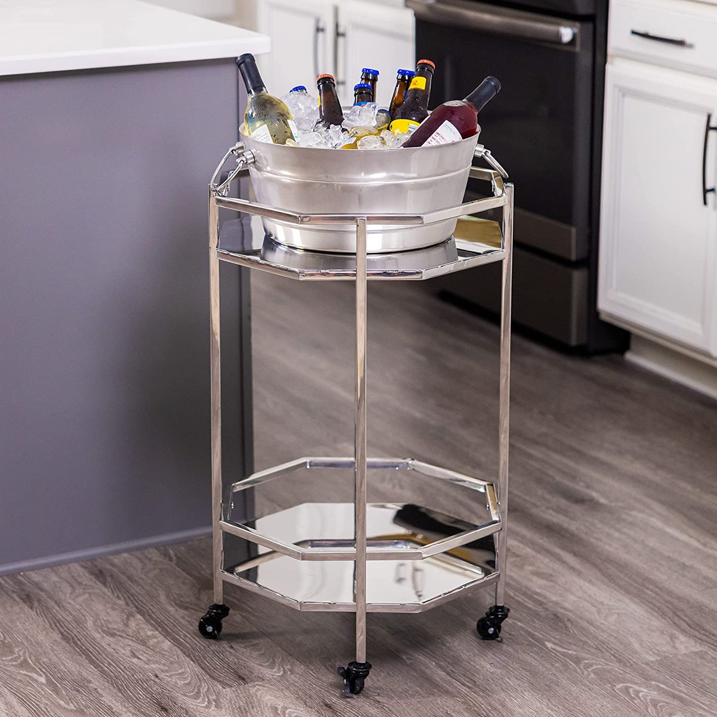 Metal Bar Cart plus Insulated Ice Bucket Combo Set, Double-Walled Insulated Anchored Bolt Drink Tub & Drink Bucket with Double Hinged Handles, Metal Beverage Tub with Stand & Wheels, Silver