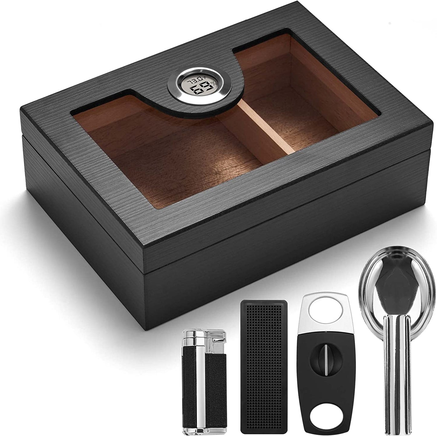 Cigar Humidor Box with Lighter and Cutter, Digital Hygrometer, Crystal Beads Humidifier, Ashtray, Spanish Cedar Lining and Divider for 25 Cigars, Cigar Accessories Gifts for Men