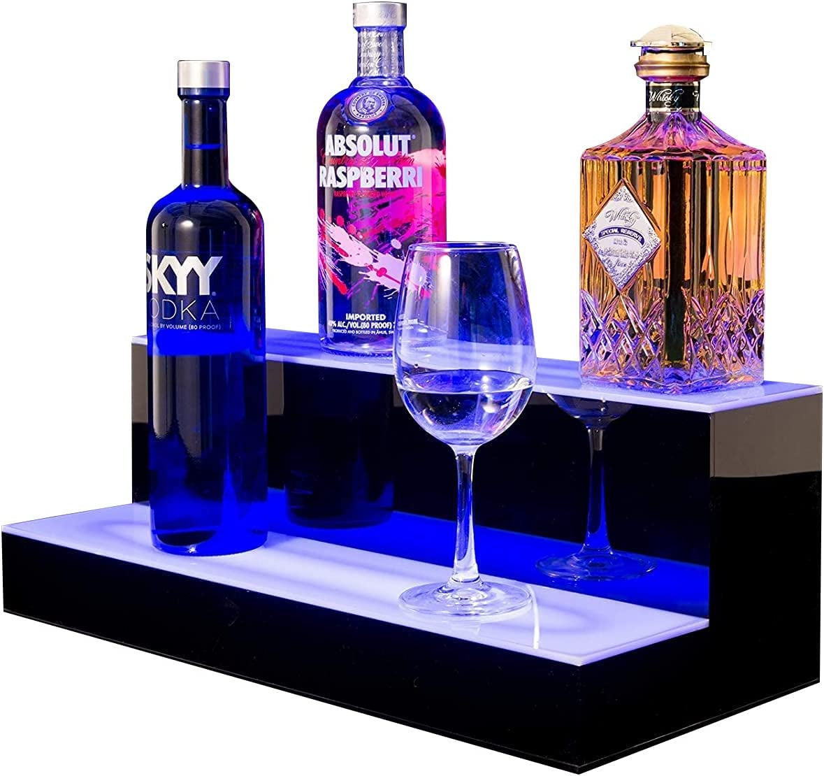 LED Lighted Liquor Bottle Display Shelf, 30 in 2 Step LED Lighted Bar Shelf for Home Commercial Bar Drinks Acrylic Lighting Shelves High Gloss Black Finish with Remote Control