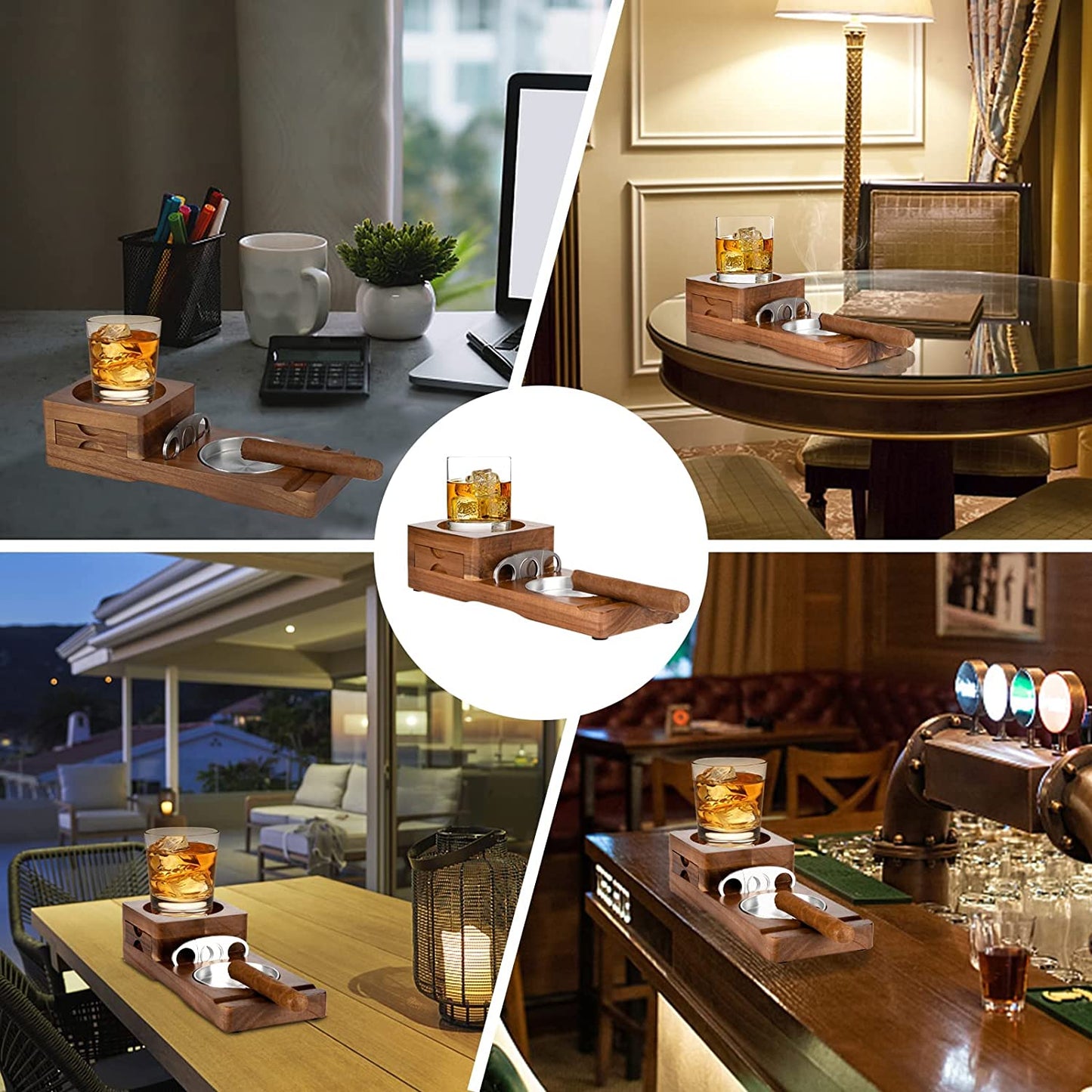 Cigar Ashtray Coaster Whiskey Glass Tray & Wooden Ash Tray with Cigar Cutter,Include Drawer and Cigar Slot Home Office Outdoor Ashtrays Great Cigar Accessories for Men