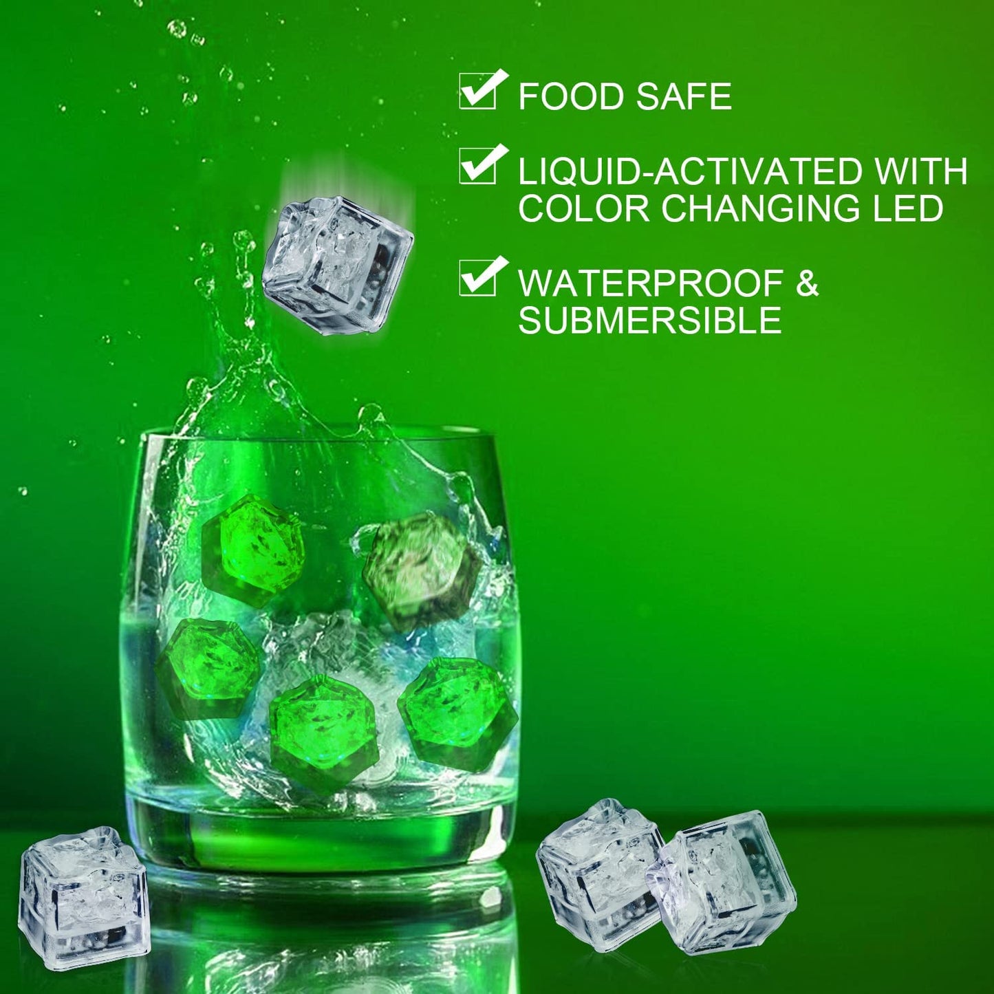 Light up Ice Cubes for Drinks, 48 PCS Green LED Ice Cubes Liquid Activated, Glow in the Dark Waterproof Ice Cubes for Home Bar Supplies Summer Party Wedding Decor