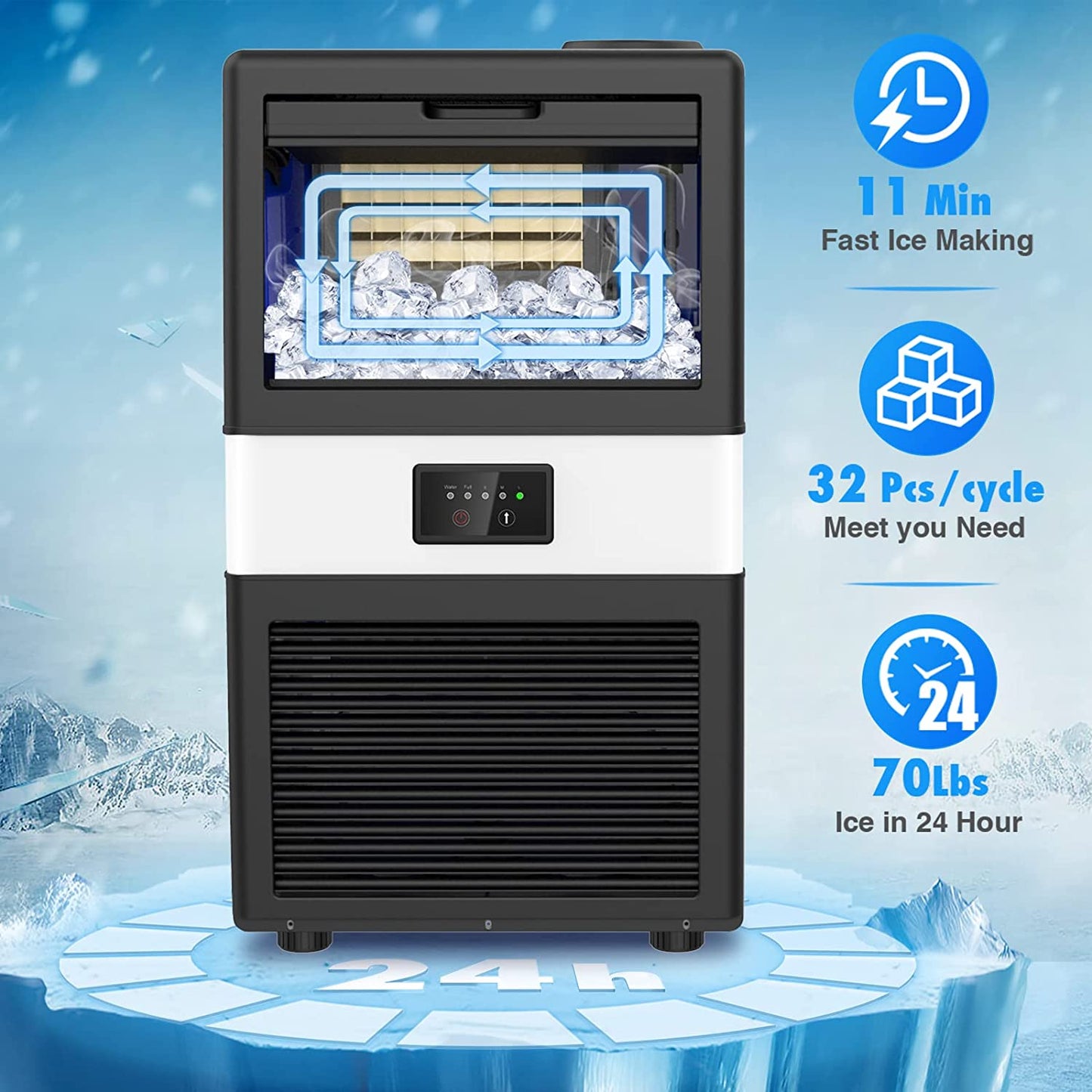 Ice Maker Commercial - 70Lbs/24H Ice Machine 32 Ice Cubes in 11-20 Minutes, Freestanding Cabinet Ice Maker with 13 Lbs Storage Bin, 2 Ways Add Water for Bar Home Office Restaurant