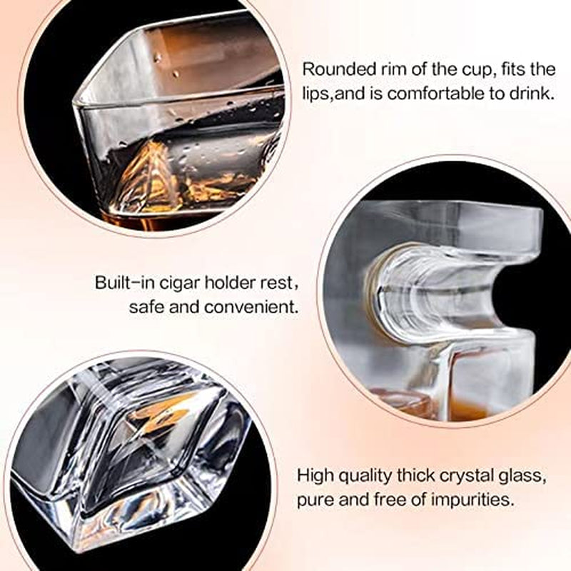 Cigar Whiskey Glasses -12Oz Old Fashioned Glass with Integrated Cigar Tray,Bar Glass Cup, Crystal Whisky Glass Set with Cigar Holder