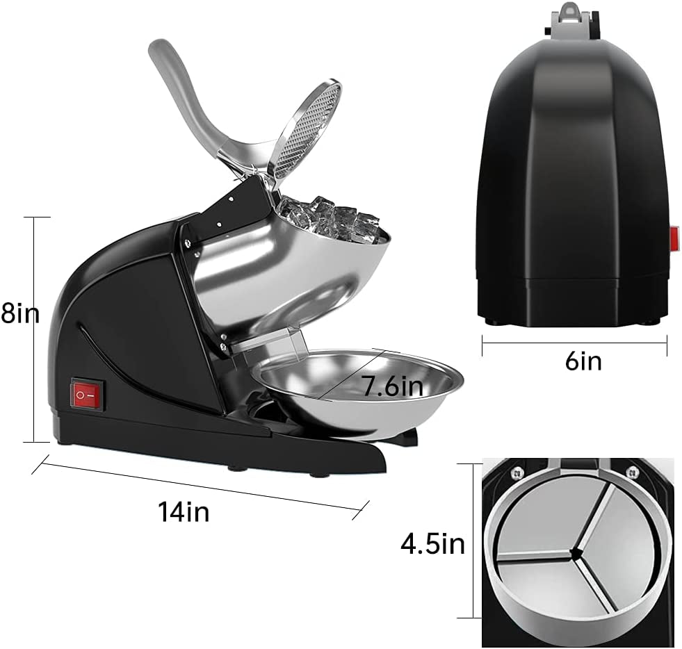 Ice Shaver Prevent Splash Electric Three Blades Snow Cone Maker Stainless Steel Shaved Ice Machine 380W 220Lbs/Hr Home and Commercial Ice Crushers (Black)