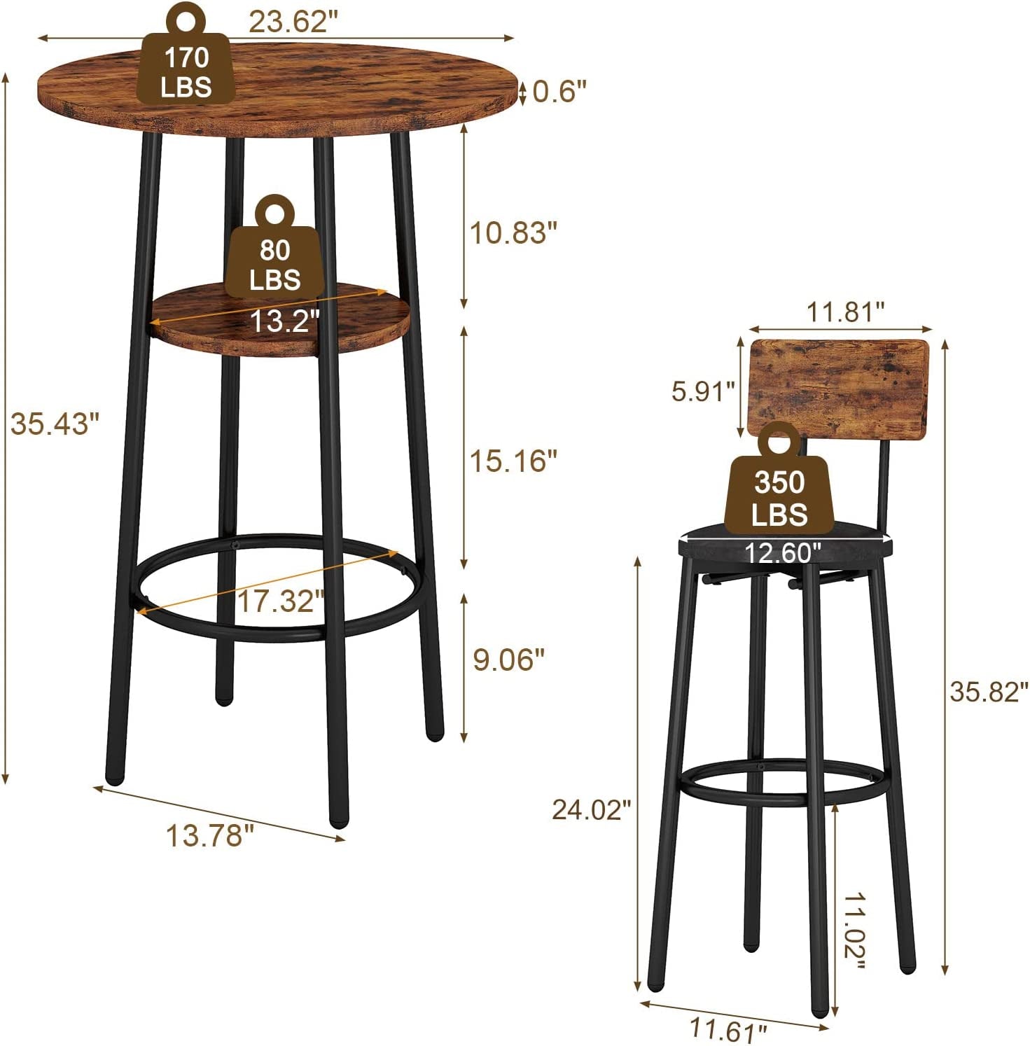 3-Piece Bar Table Set for 2, Small 2-Tier round Bistro Pub Dining Table & PU Upholstered Stools with Backrest, Counter Height Table and Chairs Set for Kitchen Small Space, Rustic Brown