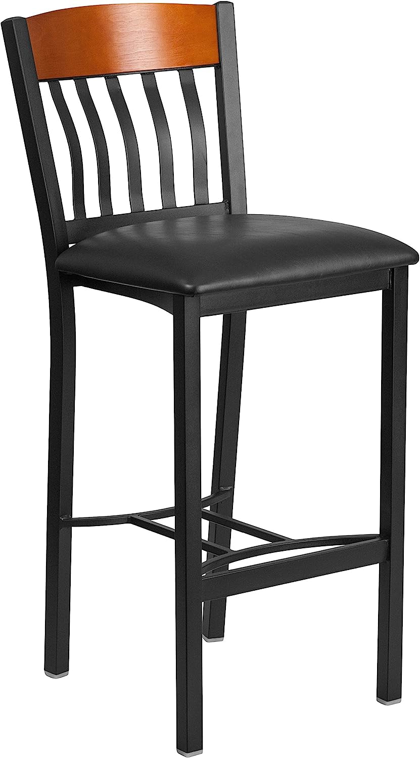 Vertical Back Metal & Cherry Wood Barstool with Vinyl Seat
