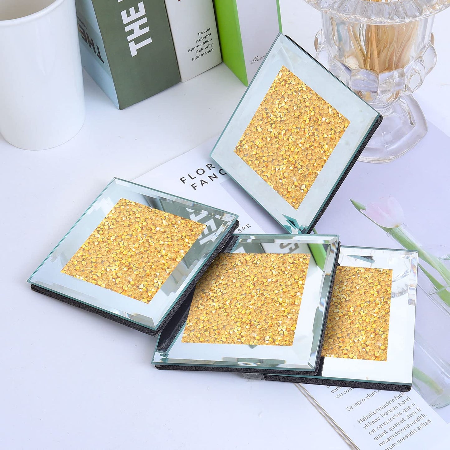 Diamond Glass Coasters for Coffee Table - Crystal Coasters for Drinks , Cup Coaster Set Silver Decor for Bar and Home Parties (4X4 Inch, Square Silver)