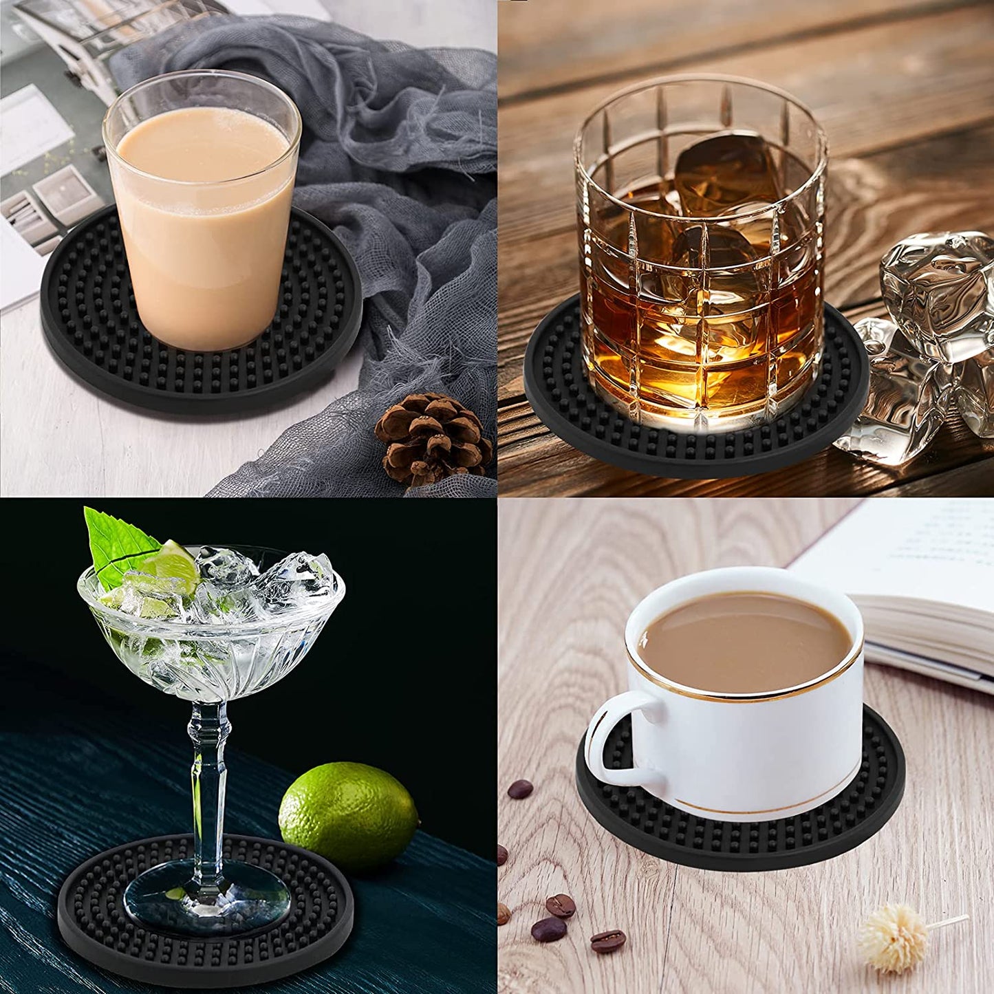Coasters for Drinks , Perfect Silicone Drink Coasters Set of 8, Non-Stick Black Coasters for Coffee Table, Wooden Table, Heat Resistant Coaster Set with Deep Grooved, Coasters Fit All Cups
