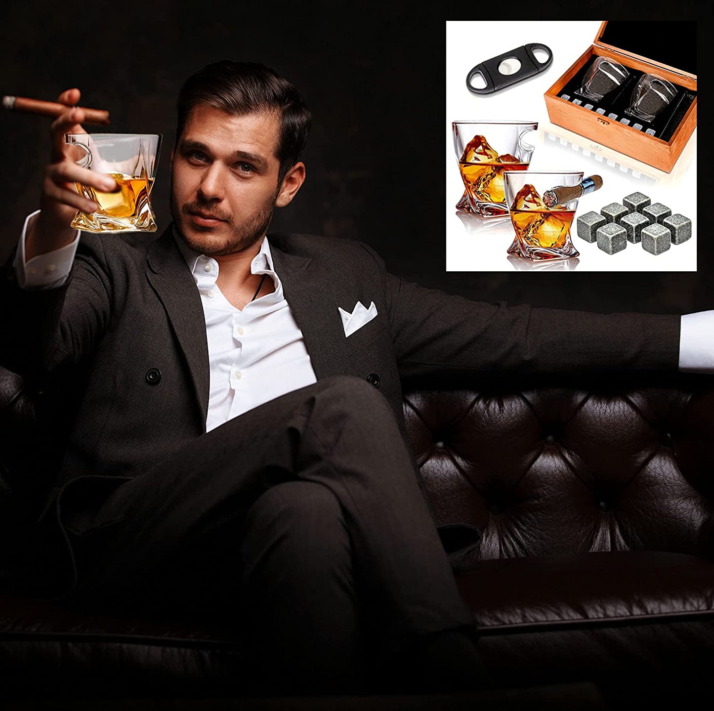 Old Fashioned Whiskey Cigar Glasses with Side Mounted Cigar Holder + Whisky Chilling Stones and Accessories in Wooden Box - Scotch Bourbon Set for Dad, Husband, Fathers Day, Birthday Gift Set