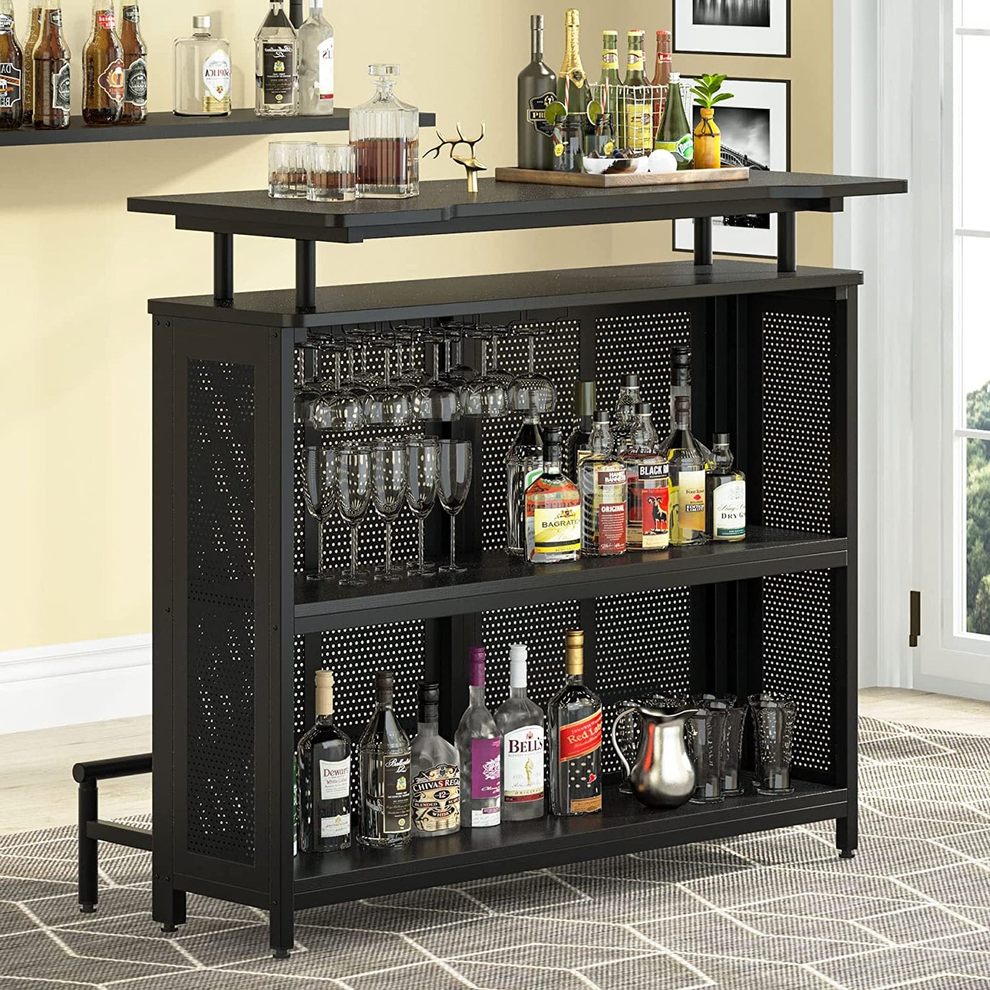 Home Bar Unit, 3 Tier Liquor Bar Table with Stemware Racks and Wine Storage Shelves, Wine Bar Cabinet Mini Bar for Home Kitchen Pub (Black)