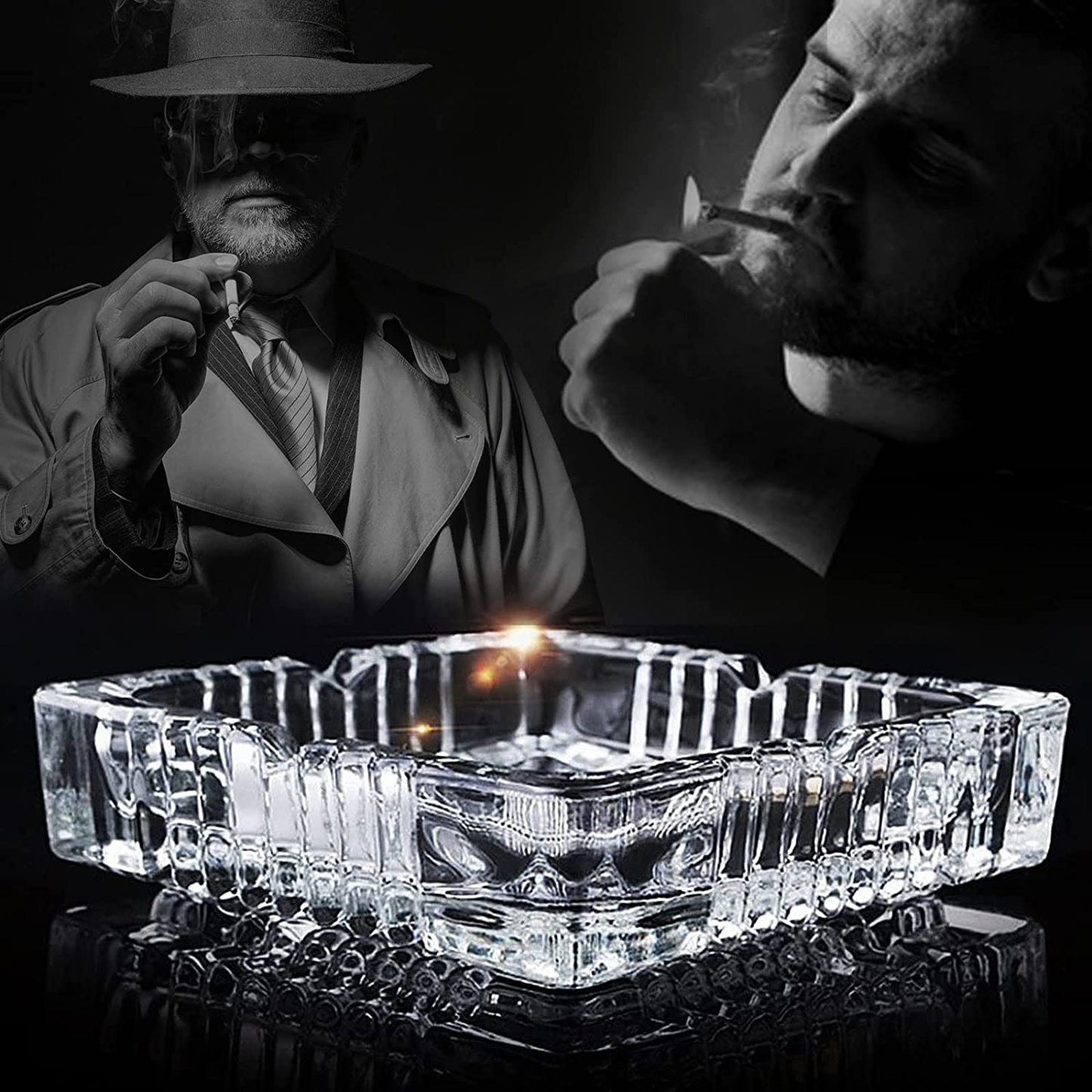 Ashtray , Large Glass Ashtray for Cigarette Cigar , Clear Crystal Ash Trays Outdoor Glass Spuare Ashtrays (7X7Inch)