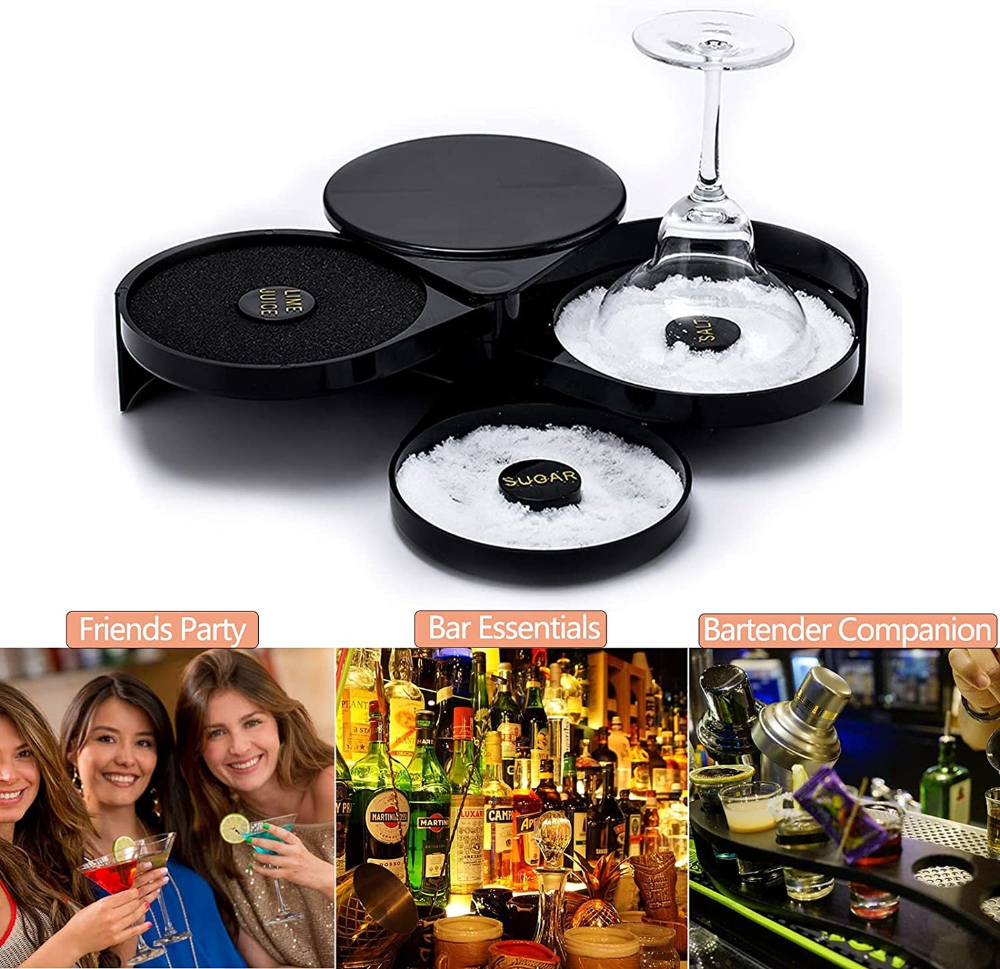 3-Tier Bar Glass Rimmer, Margarita Salter Bar Accessories with Cocktail Recipe Card for Bloody Mary and Gimlets, Black