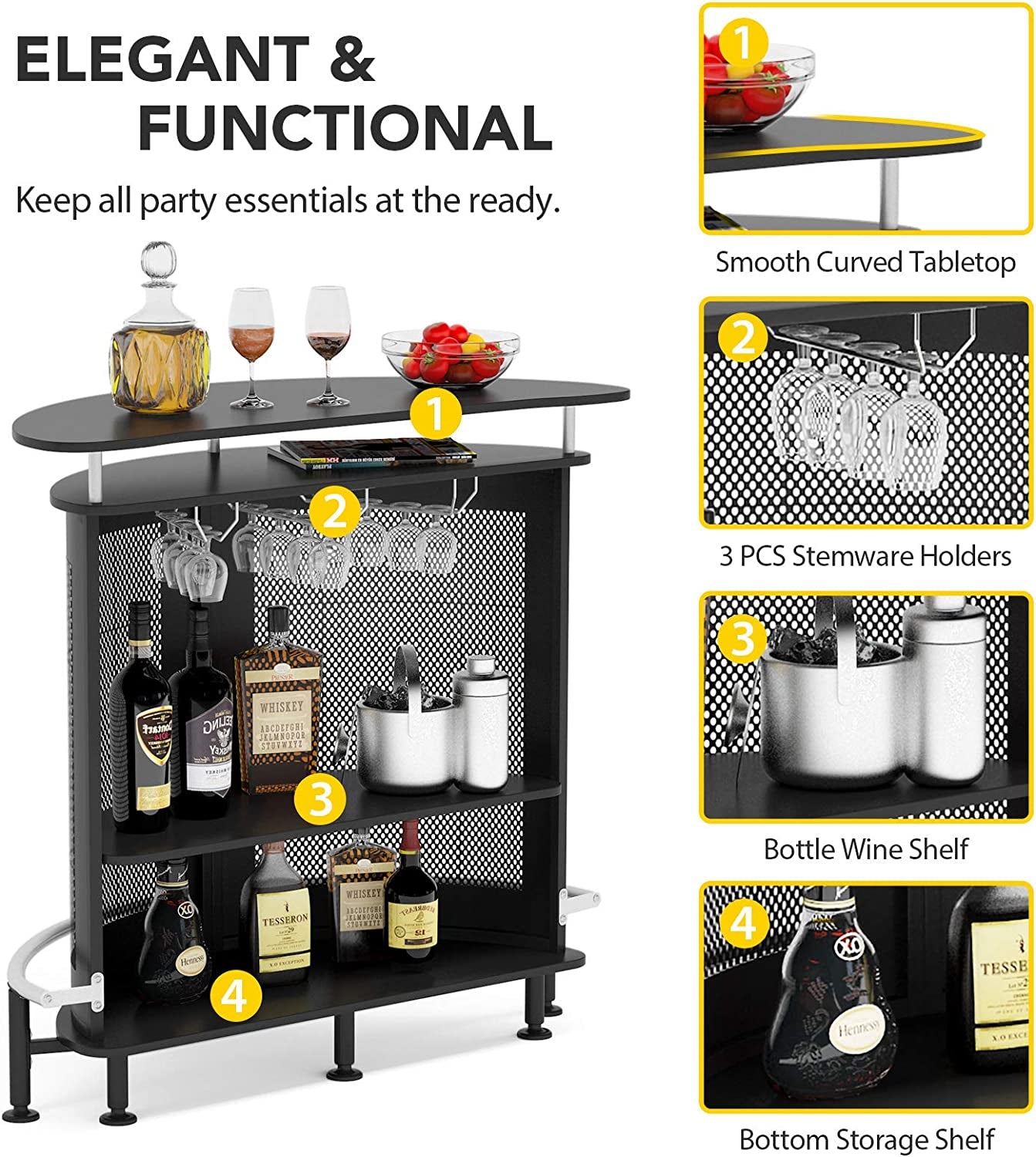Bar Unit with Metal Mesh Front, Home Liquor Bar Table with Storage and Footrest (Black)