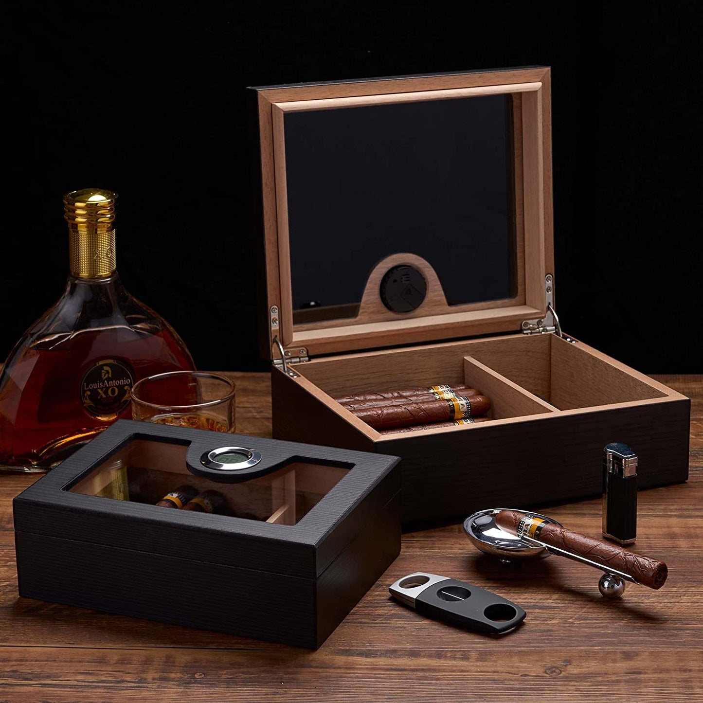 Cigar Humidor Box with Lighter and Cutter, Digital Hygrometer, Crystal Beads Humidifier, Ashtray, Spanish Cedar Lining and Divider for 25 Cigars, Cigar Accessories Gifts for Men