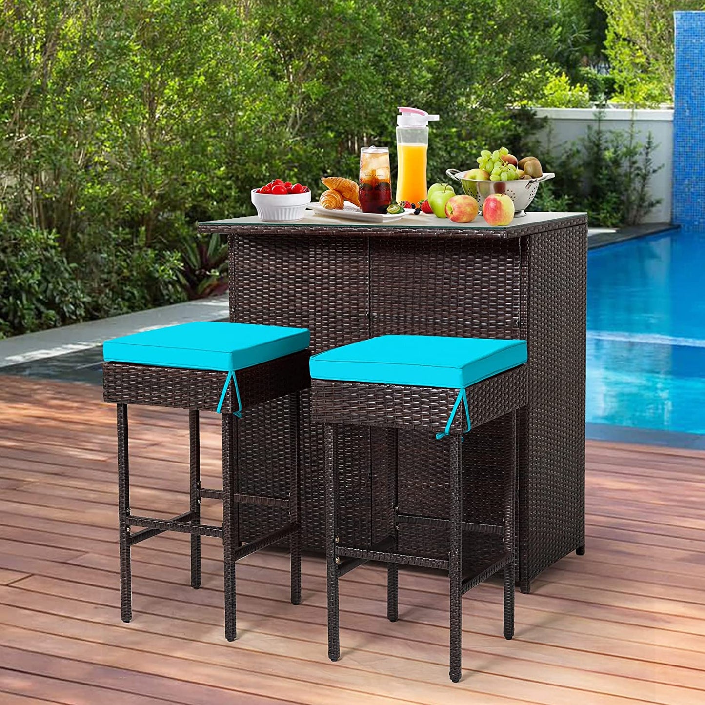 RELAX4FLIE 3-Piece Outdoor Bar Set, Patio Wicker Bar Height Table and Chairs Set with Cushioned Stools 2 Open Shelves & Glass Table Top, Rattan Bar Table Set for Poolside, Garden and Backyard (Beige)