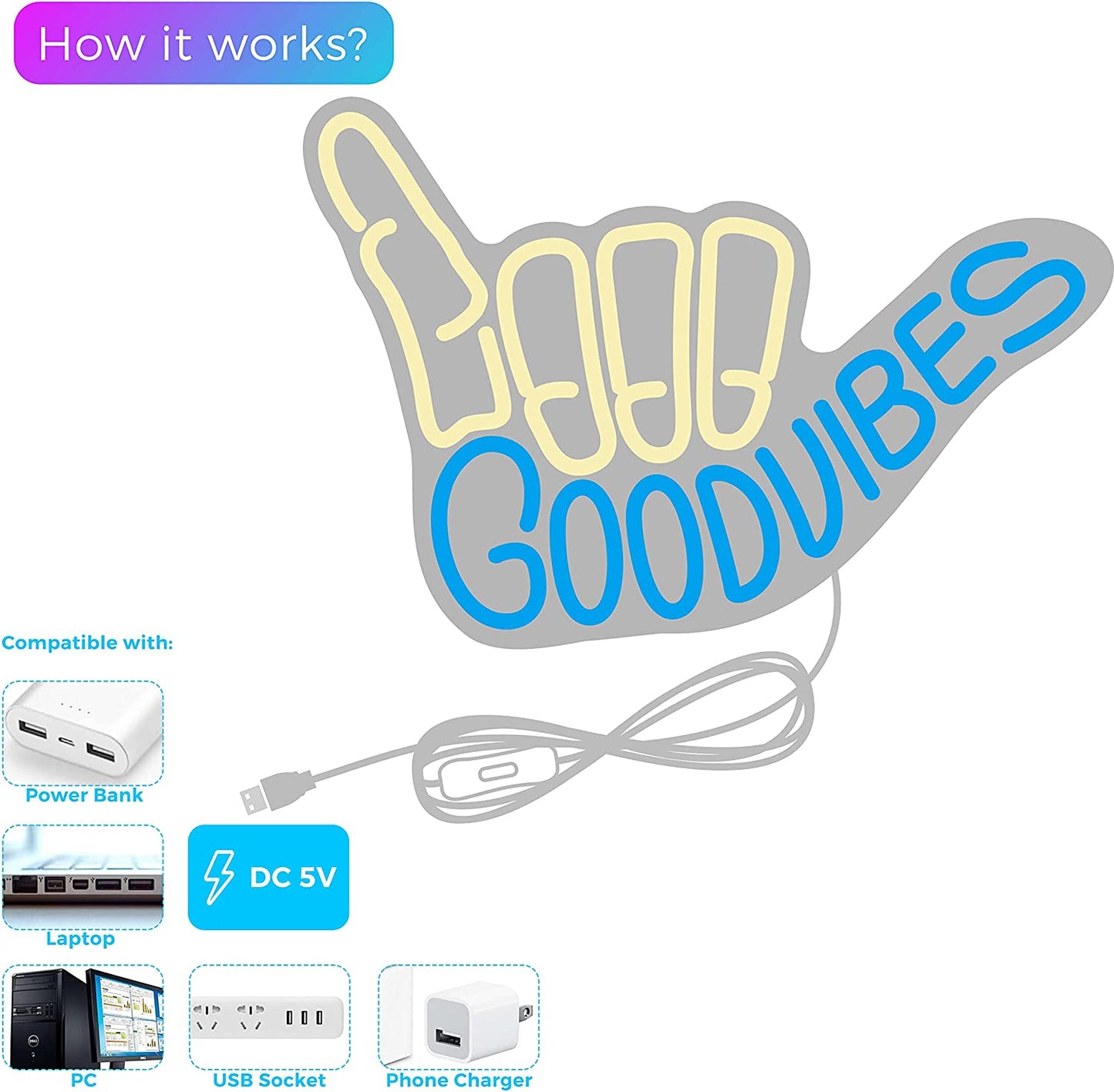Good Vibes Neon Sign Light for Wall Décor Good Vibes Only Hand Neon Signs Bedroom Game Room Light up LED Wall Sign Cool Things for Teen Room Sign Gamer Gift Party Holiday (2 - Good Vibes - Blue)