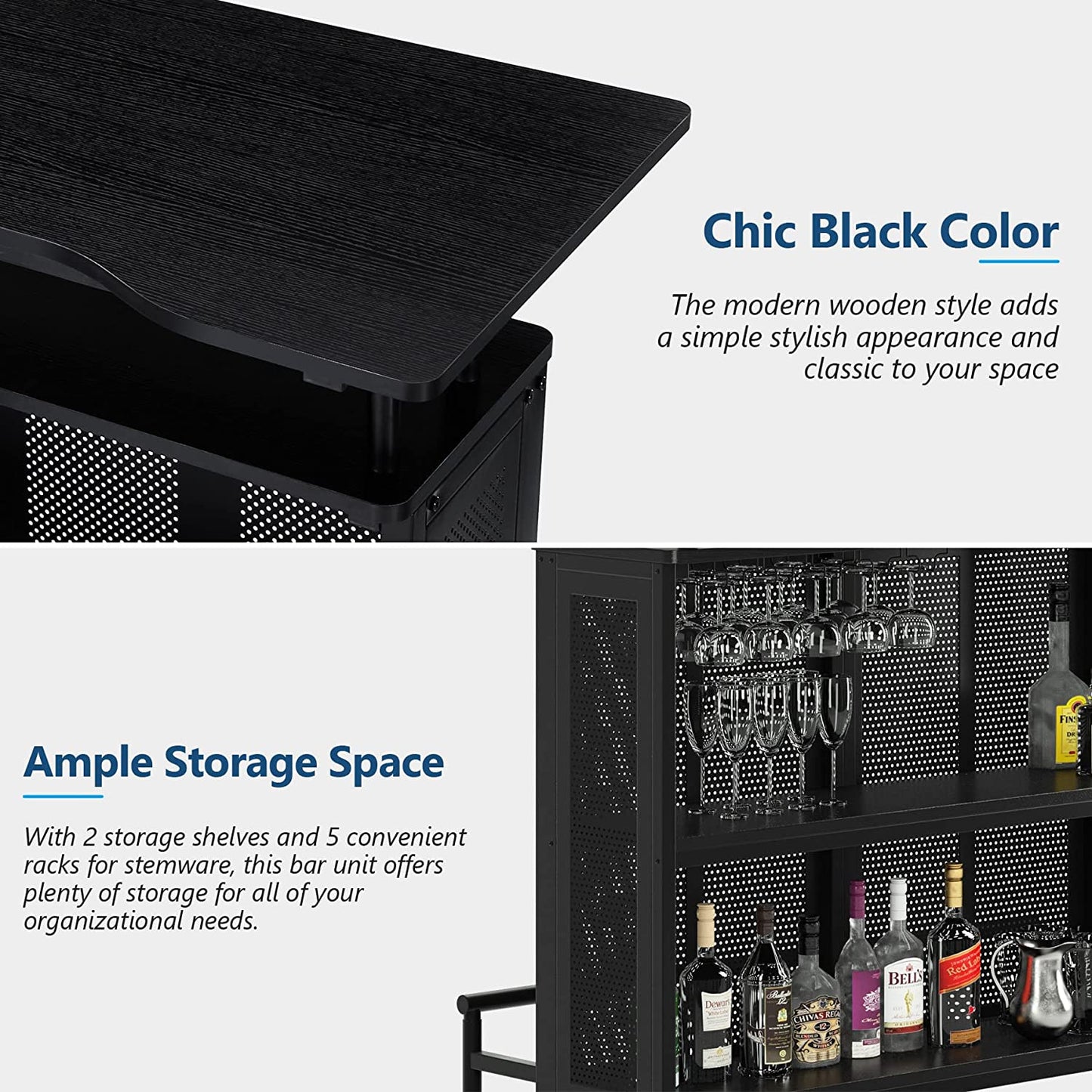 Home Bar Unit, 3 Tier Liquor Bar Table with Stemware Racks and Wine Storage Shelves, Wine Bar Cabinet Mini Bar for Home Kitchen Pub (Black)
