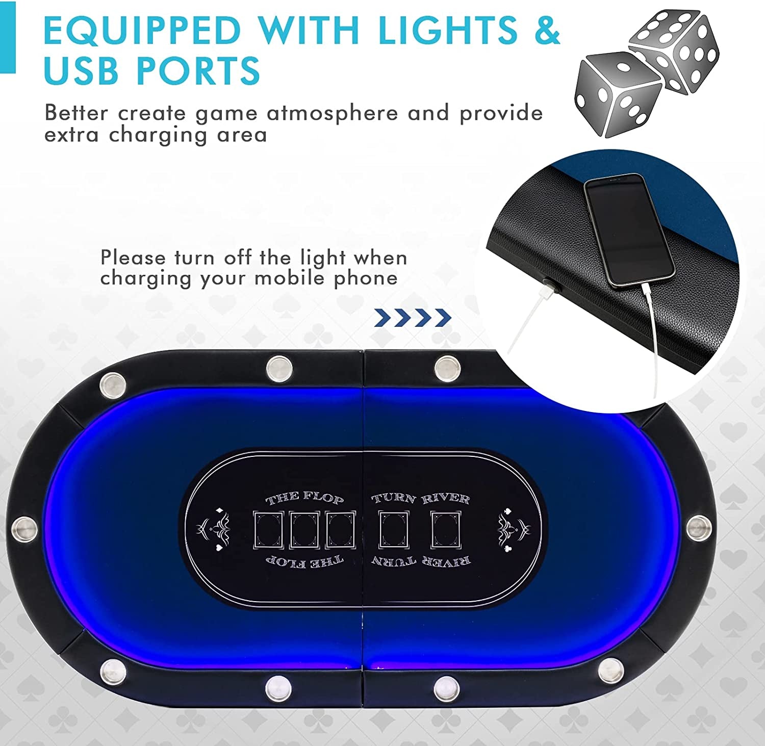 10 Players Poker Table with Cup Holder, Folding Casino Leisure Table with 4 USB Ports, Extra Lights, Easy to Assemble, Foldable Game Poker Tables for Texas, Card Games, Blue