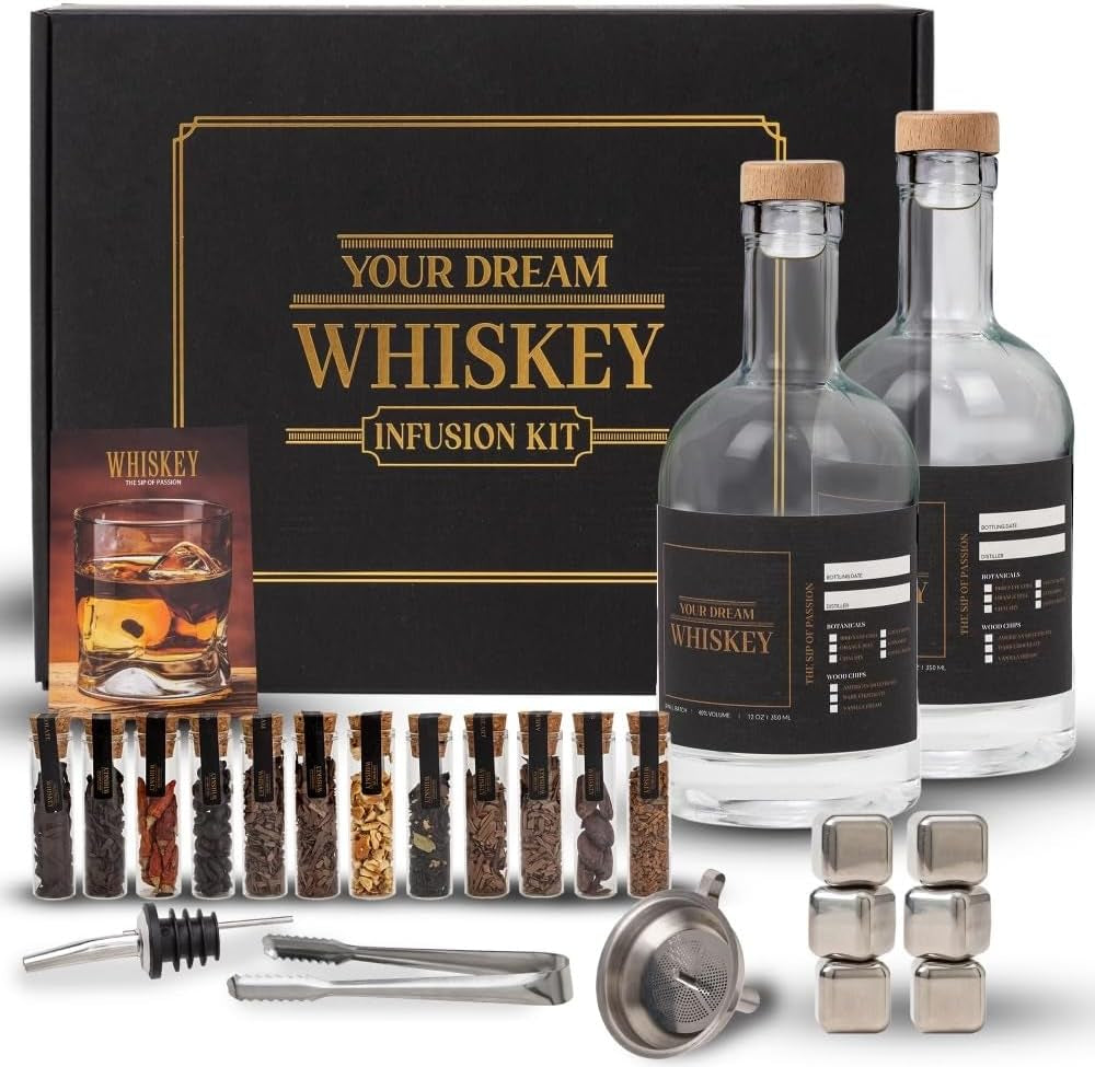 Whiskey Gifts for Men - Whiskey Making Kit - Whiskey Infusion Kit Gift Sets Men with Bottles, Wood Chips, Botanicals, Whiskey Stones - Whiskey Set - Husband Birthday Gift, Bourbon Kit Mens Gift Set