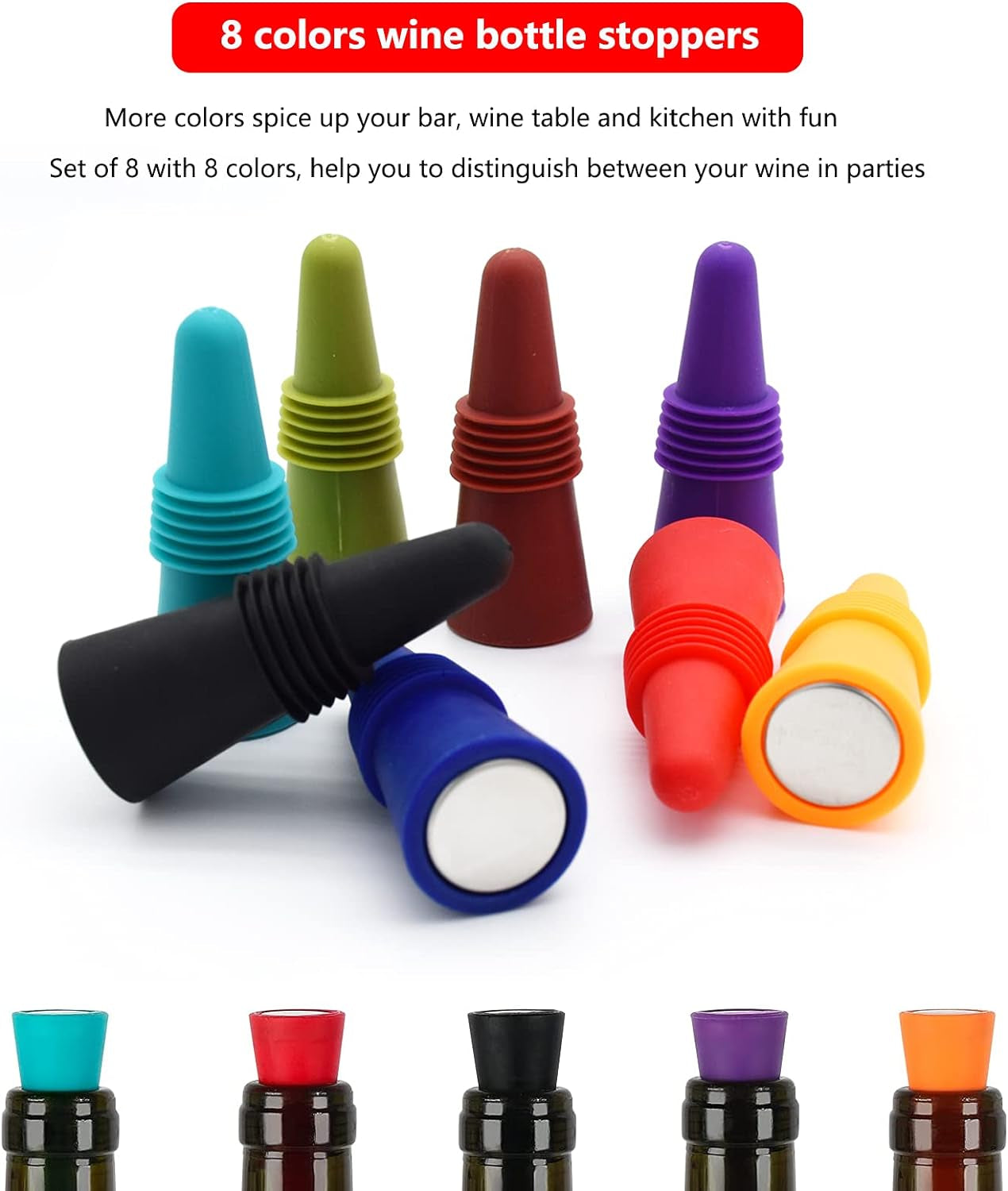 Wine Stoppers Beverage Bottle Sealer Soft Silicone Wine Bottle Stoppers Corks with Grip Top for Keeping Wine Champagne Fresh, 8 Pack