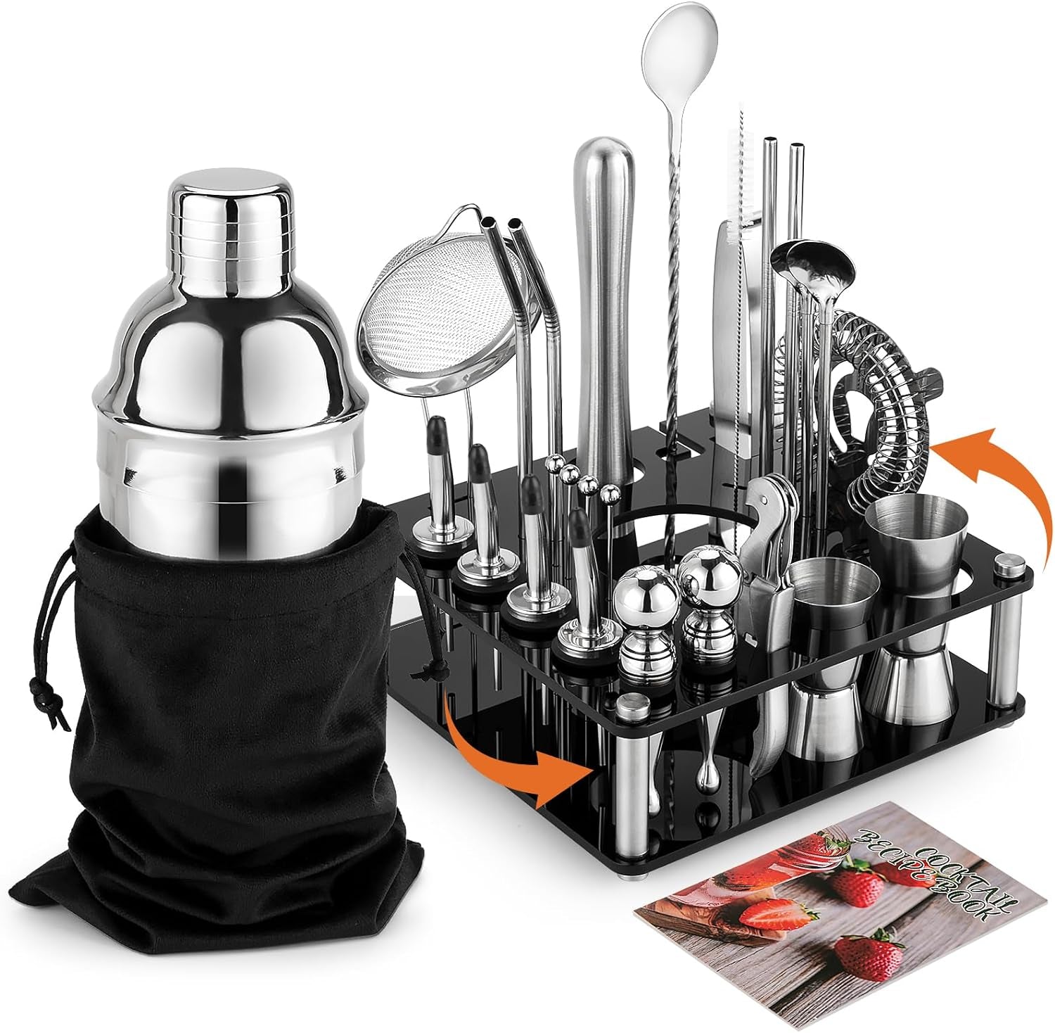 Mixology Cocktail Shaker Set - Complete 29-Piece Bartender Kit and Bar Tools with Acrylic Rotating Stand, Professional Bar Set for Drink Mixing, Home, Bar, Party (Sliver)