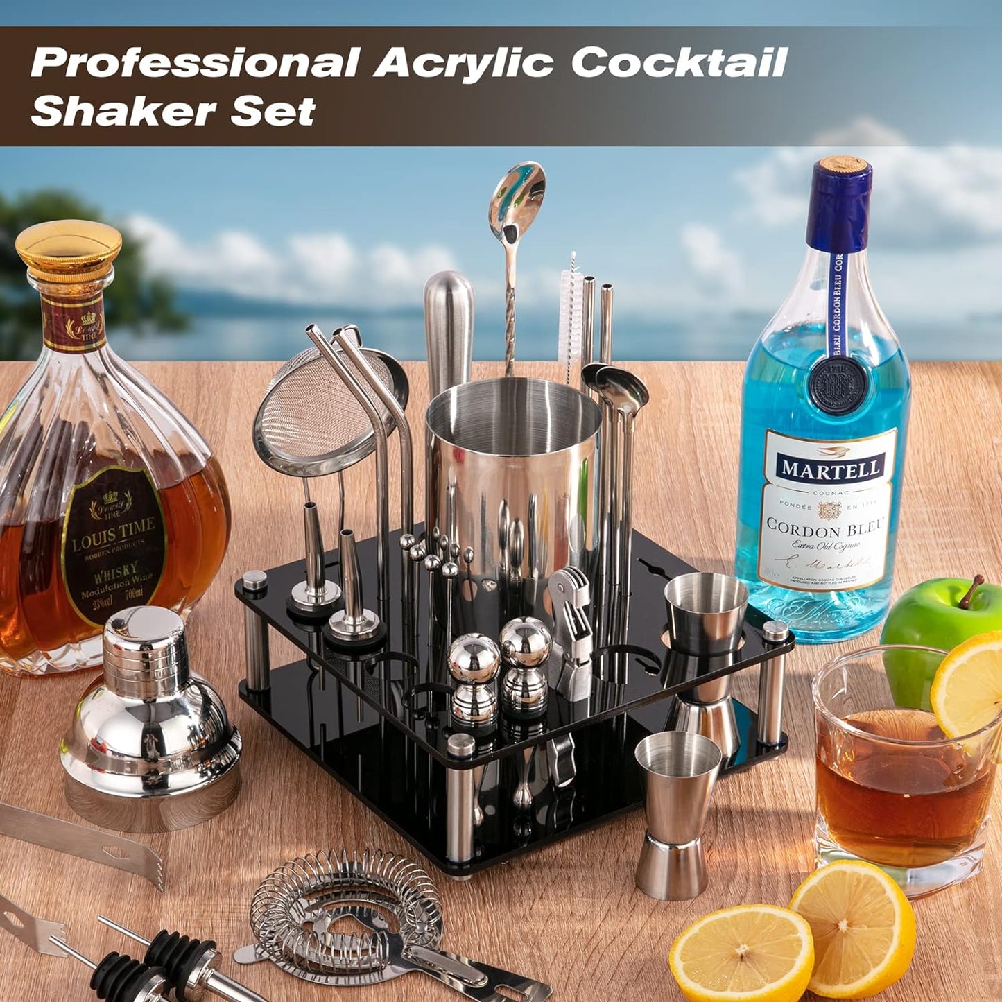 Mixology Cocktail Shaker Set - Complete 29-Piece Bartender Kit and Bar Tools with Acrylic Rotating Stand, Professional Bar Set for Drink Mixing, Home, Bar, Party (Sliver)