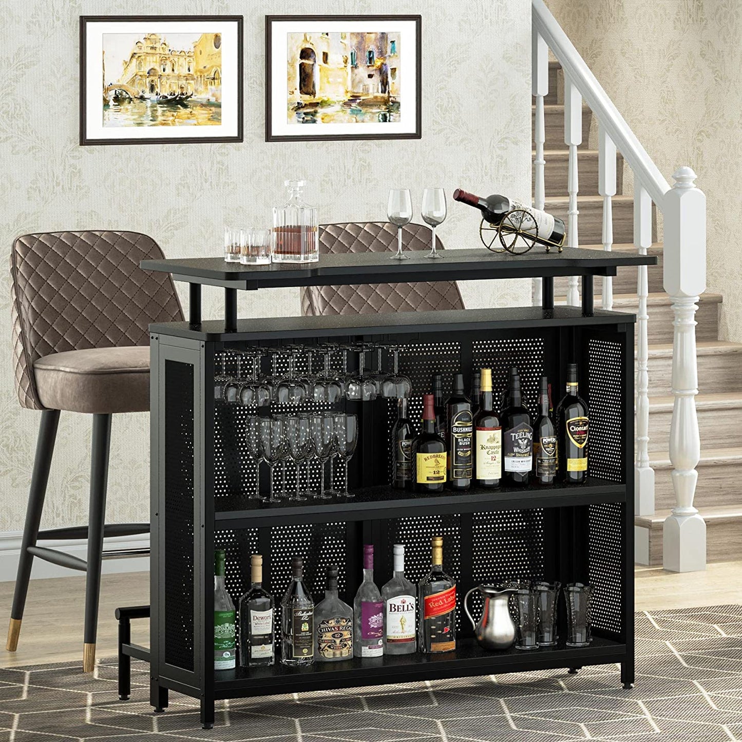 Home Bar Unit, 3 Tier Liquor Bar Table with Stemware Racks and Wine Storage Shelves, Wine Bar Cabinet Mini Bar for Home Kitchen Pub (Black)