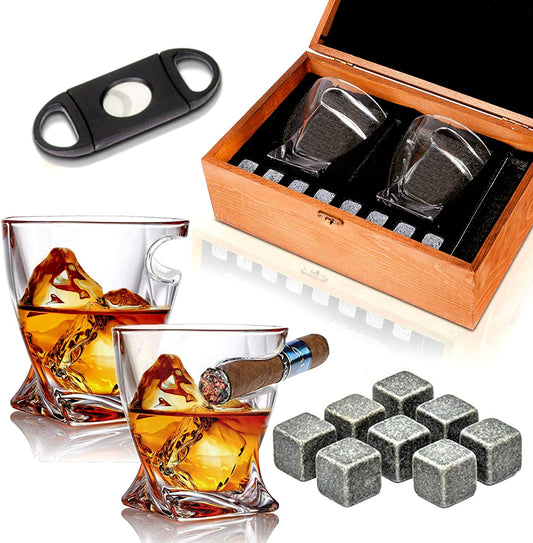 Old Fashioned Whiskey Cigar Glasses with Side Mounted Cigar Holder + Whisky Chilling Stones and Accessories in Wooden Box - Scotch Bourbon Set for Dad, Husband, Fathers Day, Birthday Gift Set