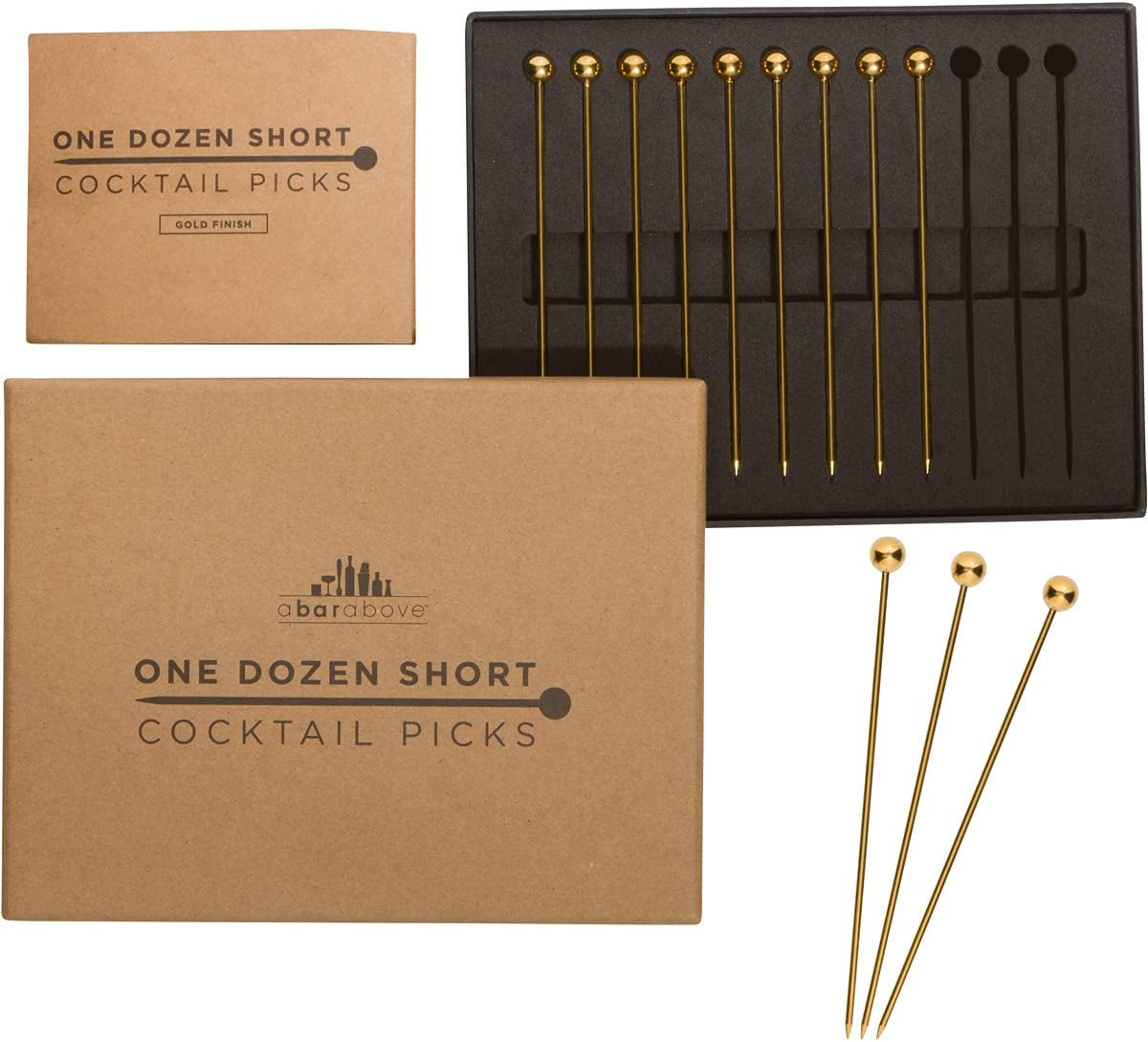 Short Gold Cocktail Picks – Metal Stir Sticks for Shrimp Cocktail, Bloody Mary, Drink Garnish & More – Stainless-Steel Toothpicks for Appetizers – Perfect Bar Accessories (12 Pcs)