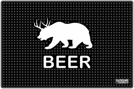 Beer Bear with Deer Antlers 17.7" X 11.8" Funny Bar Spill Mat Rail Countertop Accessory Home Pub Decor Slip Resistant Durable Thick Bar Covering for Craft Brewery Kitchen Cafe and Restaurant Accessory