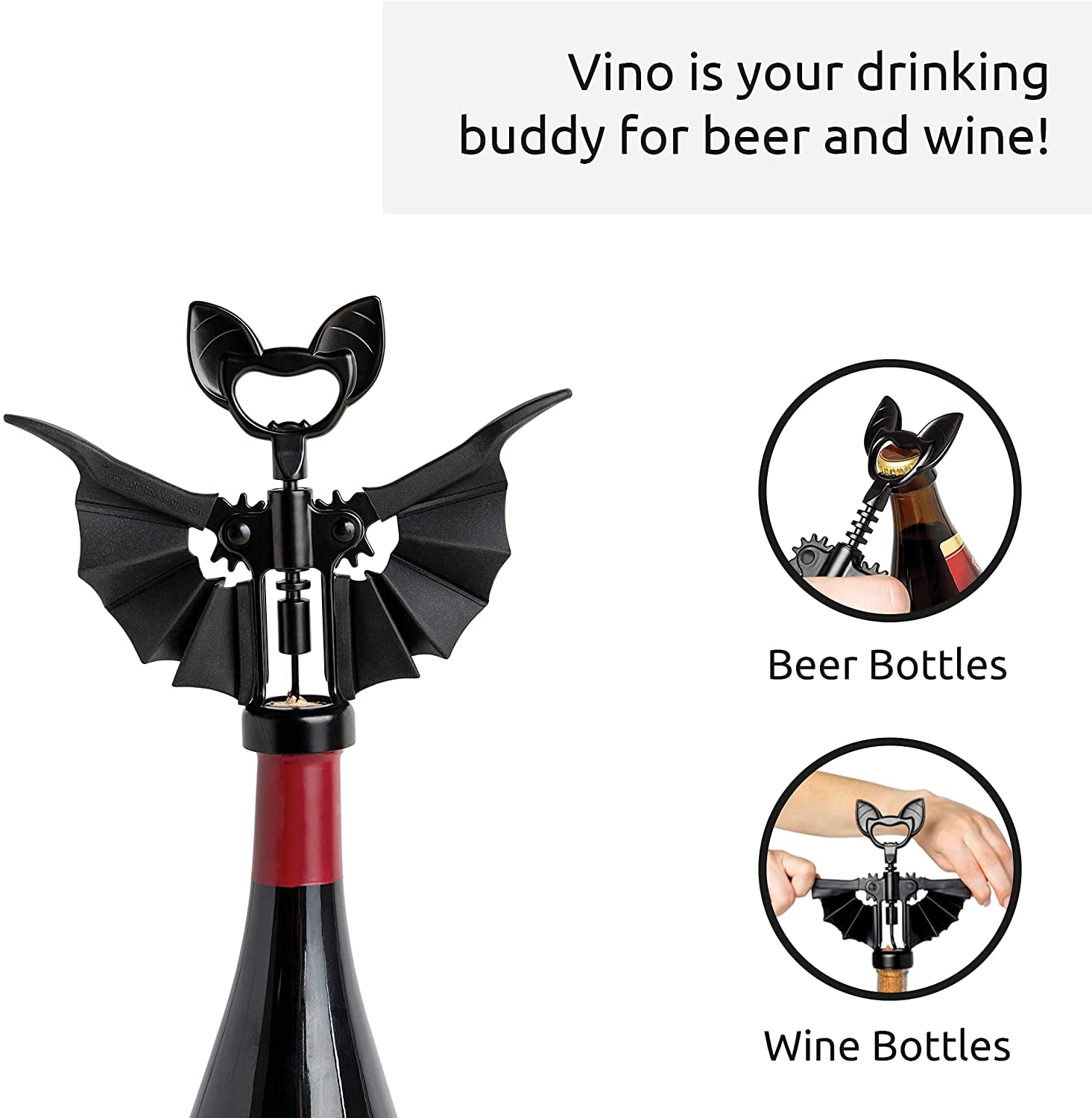Vino Spooky Bat Wine Opener - 2-In-1 Wine & Beer Opener, Corkscrew & Bottle Opener - Wine Accessories & Gifts for Wine Lovers