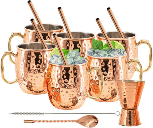 [Gift Set]  Moscow Mule Mugs, Stainless Steel Lined Copper Moscow Mule Cups Set of 6 (18Oz) W/ Straws, Jigger, Spoon & Brush | Tarnish-Resistant Stainless Steel Interior