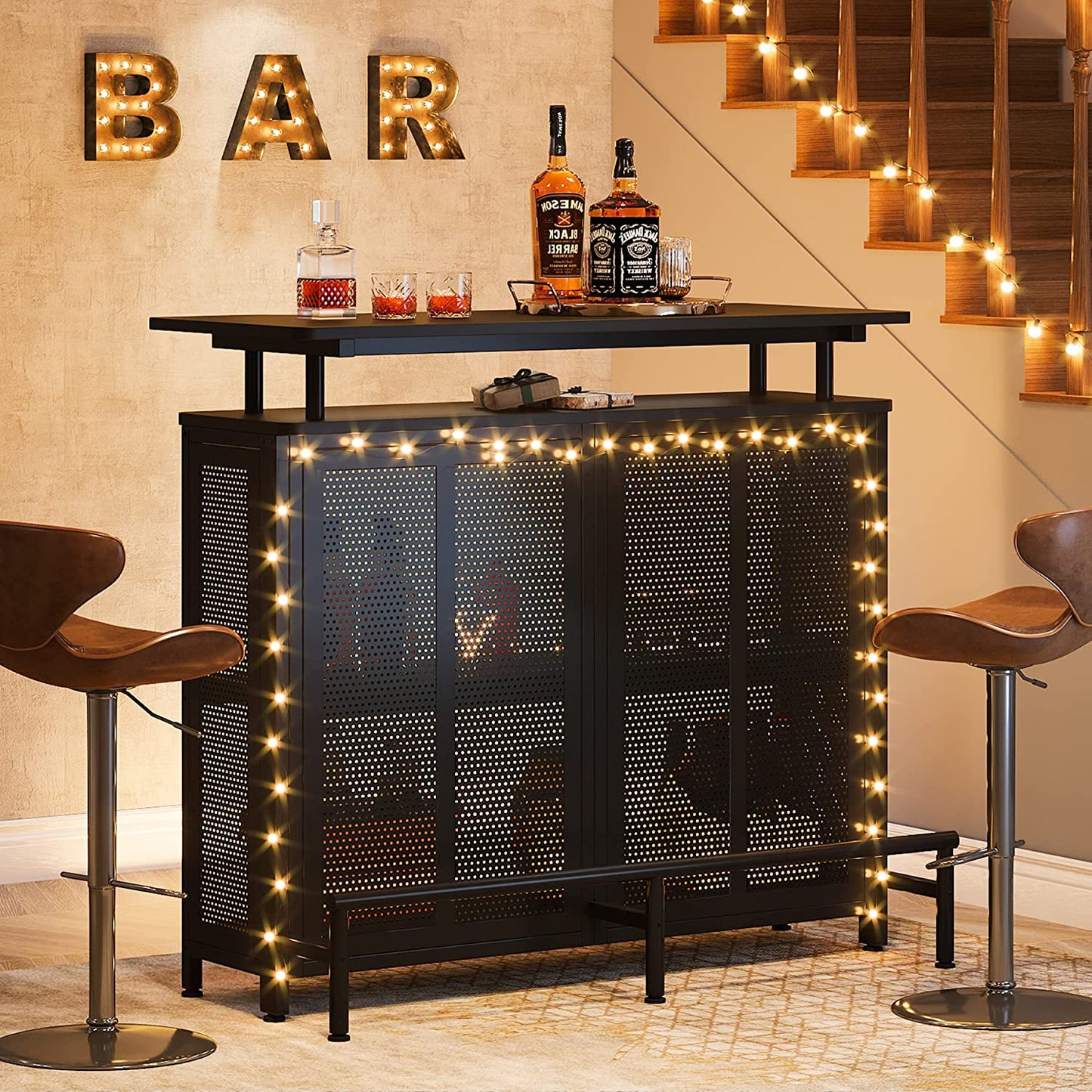 Home Bar Unit, 3 Tier Liquor Bar Table with Stemware Racks and Wine Storage Shelves, Wine Bar Cabinet Mini Bar for Home Kitchen Pub (Black)