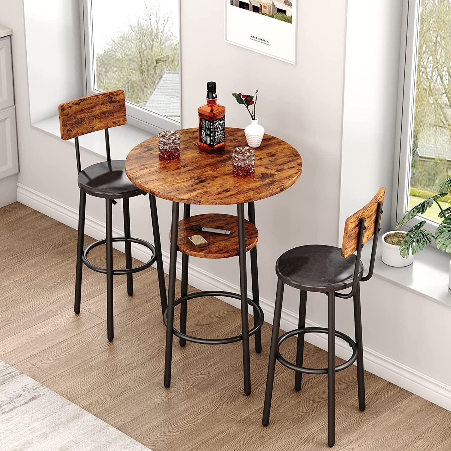 3-Piece Bar Table Set for 2, Small 2-Tier round Bistro Pub Dining Table & PU Upholstered Stools with Backrest, Counter Height Table and Chairs Set for Kitchen Small Space, Rustic Brown