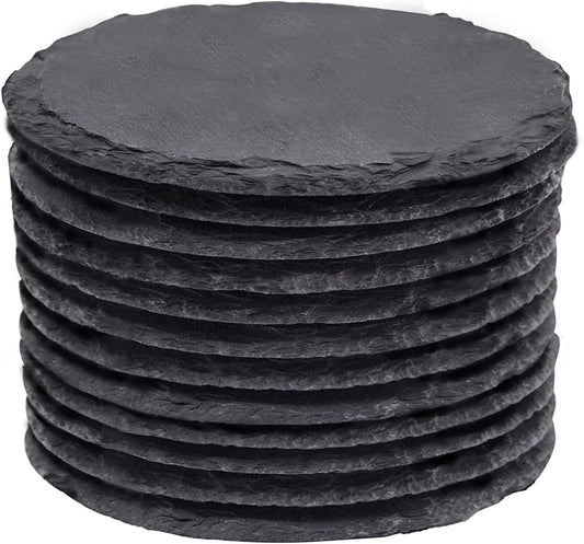 Slate Coasters,  4 Inch 12 Pieces round Black Stone Coasters with Anti-Scratch Backing for Bar, Kitchen Home Decor, Table, Cup, DIY, Housewarming Gift