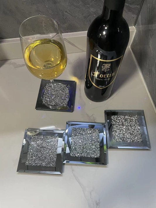Diamond Glass Coasters for Coffee Table - Crystal Coasters for Drinks , Cup Coaster Set Silver Decor for Bar and Home Parties (4X4 Inch, Square Silver)