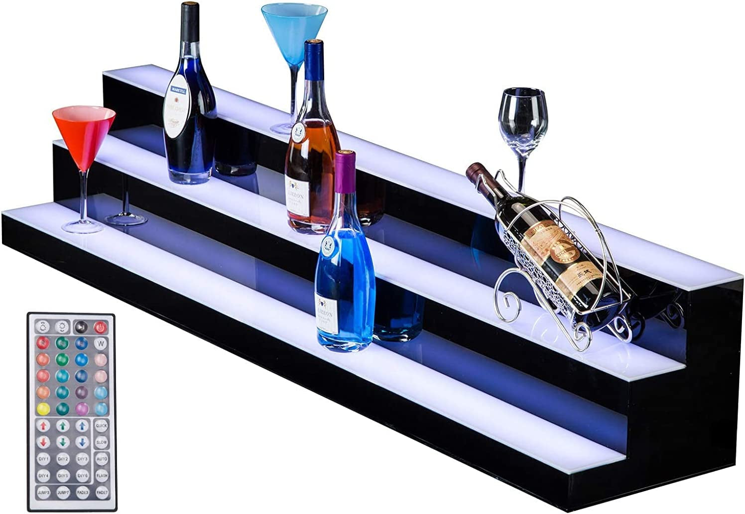 LED Lighted Liquor Bottle Display Shelf, 30 in 2 Step LED Lighted Bar Shelf for Home Commercial Bar Drinks Acrylic Lighting Shelves High Gloss Black Finish with Remote Control