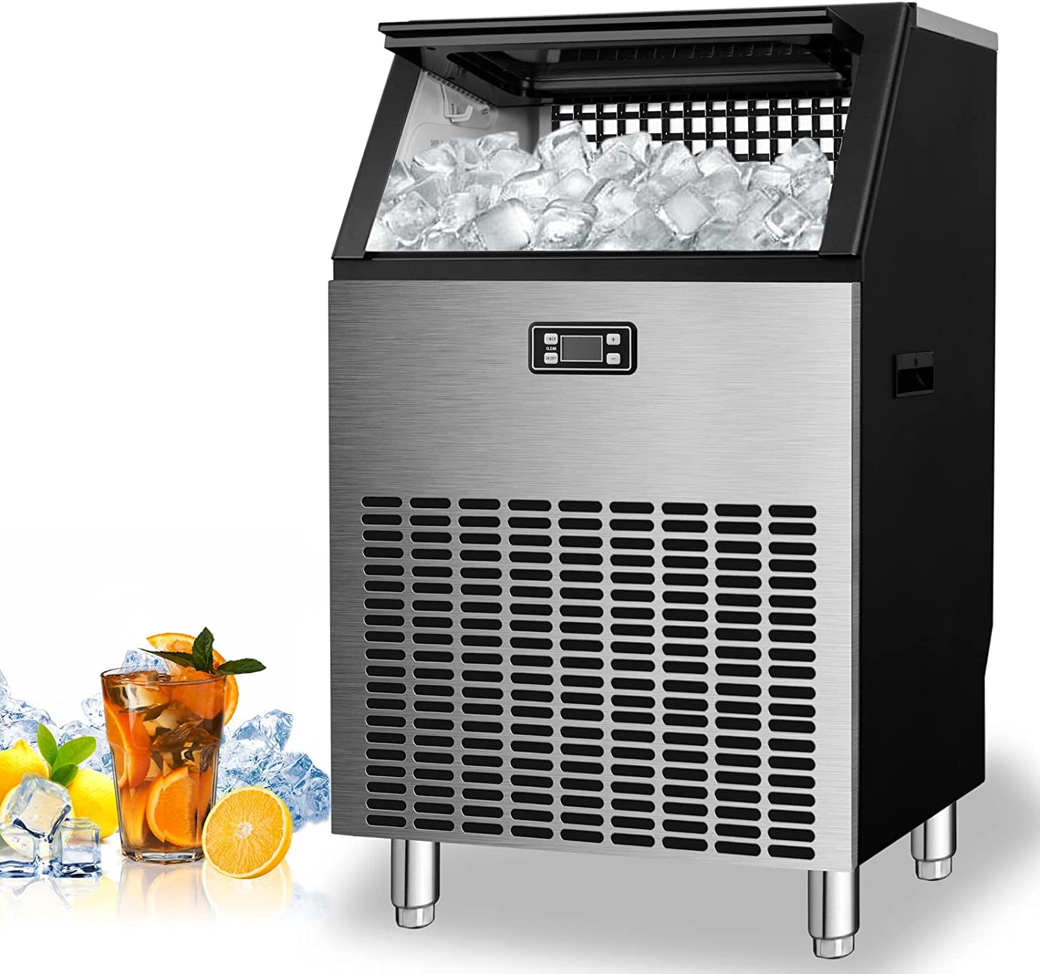Commercial Ice Maker, Freestanding Square Ice Cube Maker 265Lbs/24H, 48Lbs Storage Bin, Full Heavy Duty Stainless Steel Construction, Ice Maker Machine for Home Bar, Coffee Shop, Business