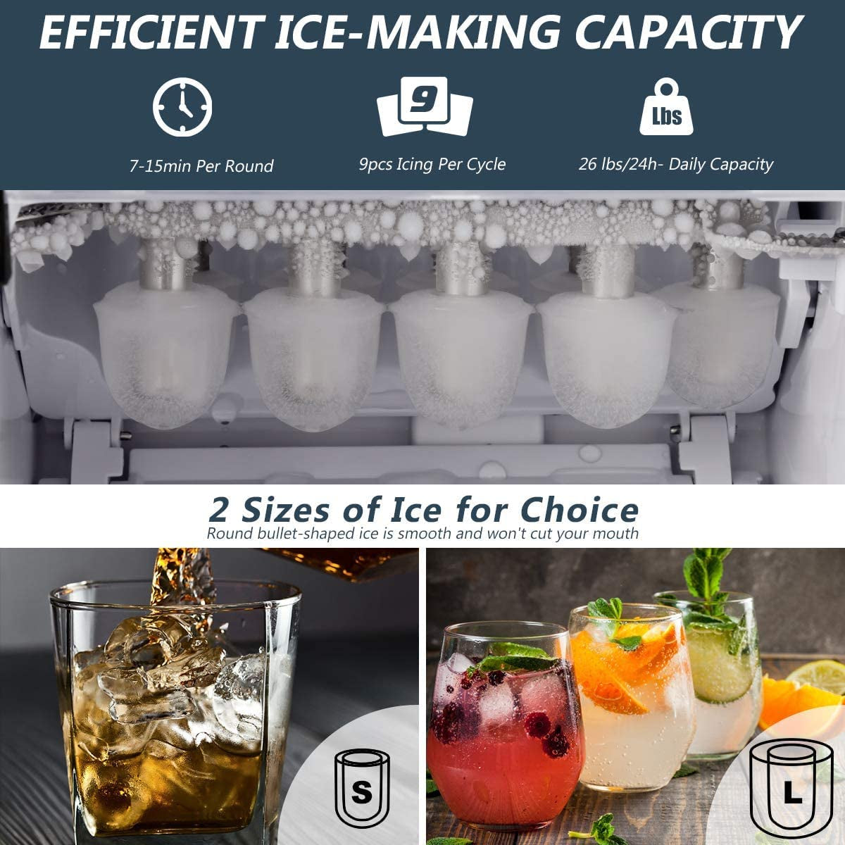 Countertop Ice Maker, Self-Cleaning Function, Ice Cubes Ready in 7 Minutes, 26LBS/24H Portable Stainless Steel Tabletop Ice Machine with Ice Scoop and Basket, Perfect for Home, Bar, Silver