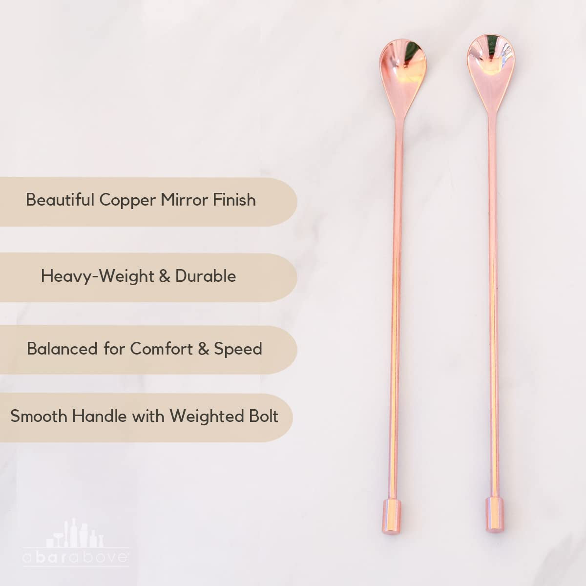 Copper Stainless Steel Spoon – Cocktail Stirrer Set for Mixing Glass or Shaker – Smooth Handle Mixing Spoons – Drink Stirrer Bar Spoon Set – Professional Mixing Spoon Set (12”, Set of 2)