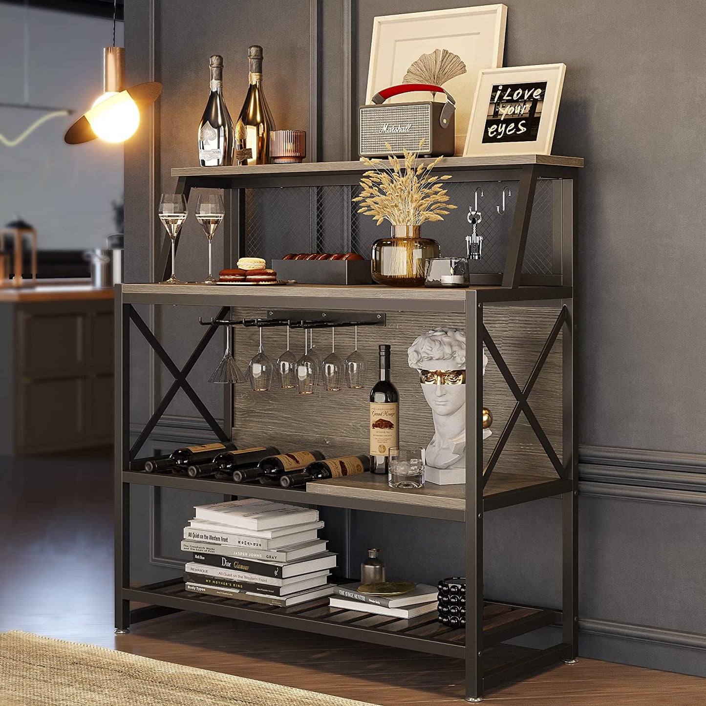 Bar Table with Storage Coffee Bar Cabinets for Liquor and Glasses, Wine Rack Freestanding Floor with Glass Holder for Home Kitchen Dining Room Basement, Gray