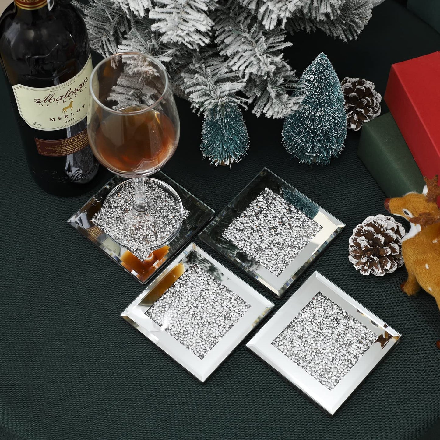 Diamond Glass Coasters for Coffee Table - Crystal Coasters for Drinks , Cup Coaster Set Silver Decor for Bar and Home Parties (4X4 Inch, Square Silver)